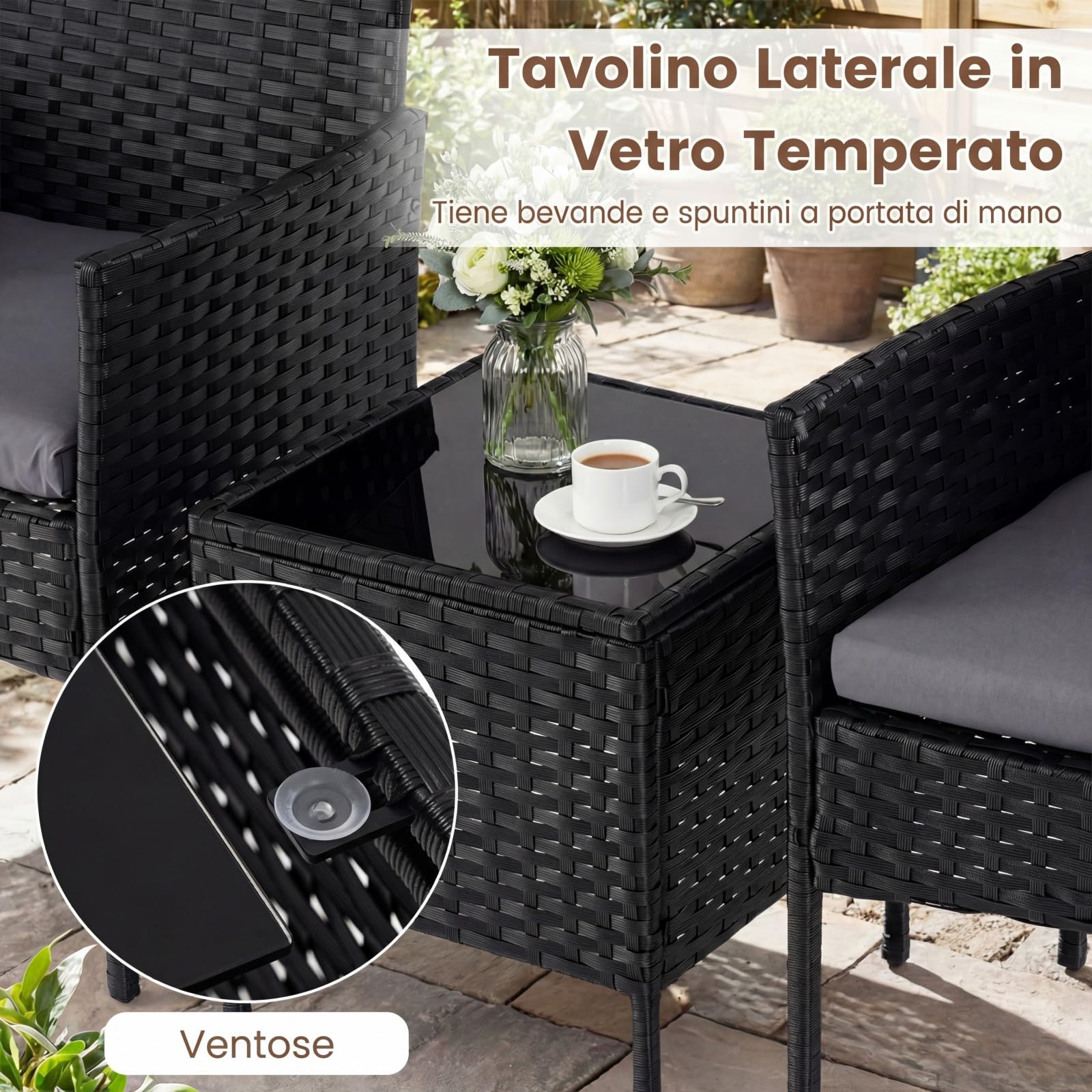 COSTWAY Set Salotto da Giardnio 3 Pezzi, Salotto da Esterno in Rattan con Tavolino in Vetro Temperato e 2 Poltrone con Cuscini Rimovibili, Set Mobili per Patio e Balcone (Grigio)