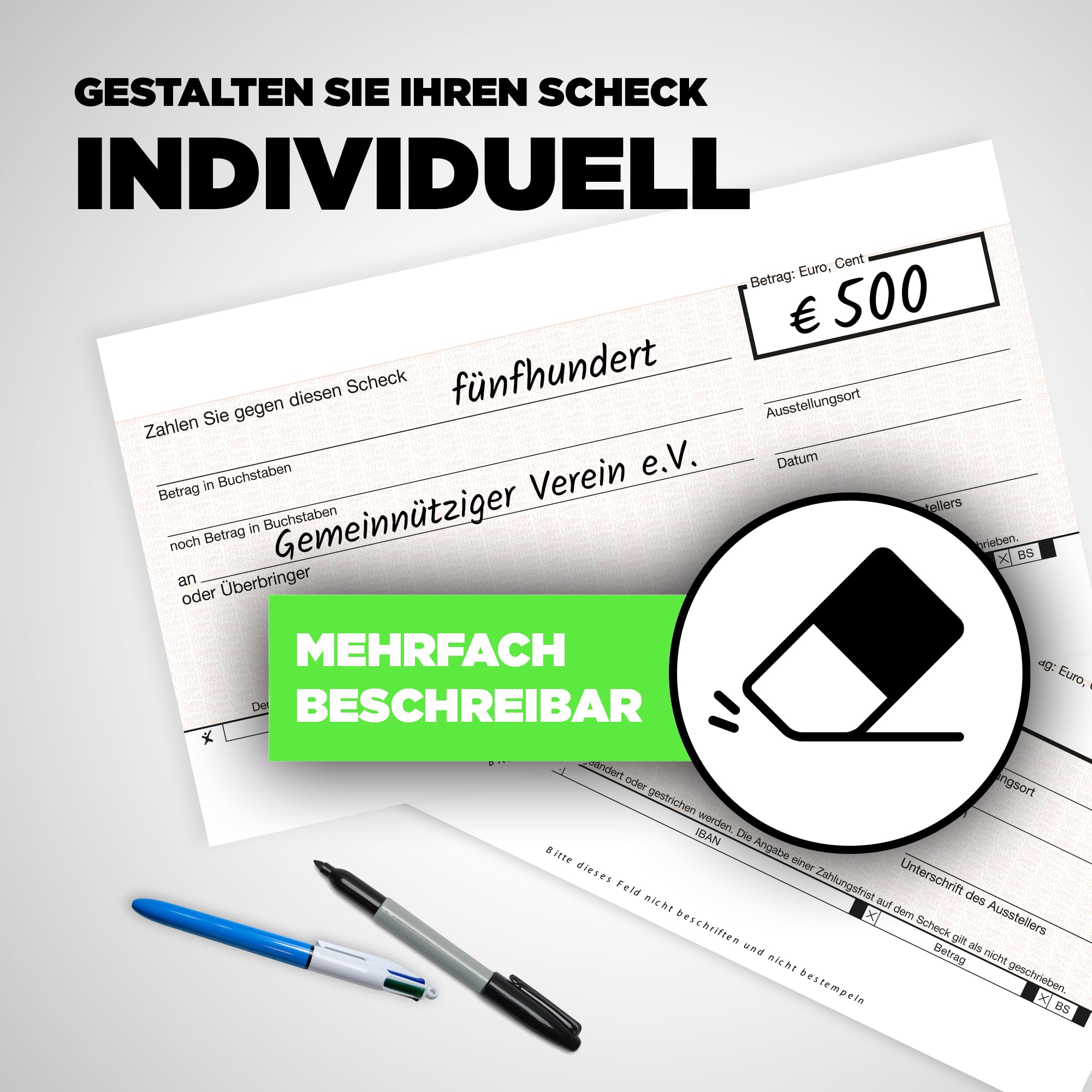 Litfax Spendenscheck XXL - Sparkasse Bankenscheck, 60x34 cm (10er Pack) - Stärke 3mm - Flexibel beschreibbar - Witterungsbeständig - PR Scheck - Riesenscheck - für Veranstaltungen - Scheck Groß