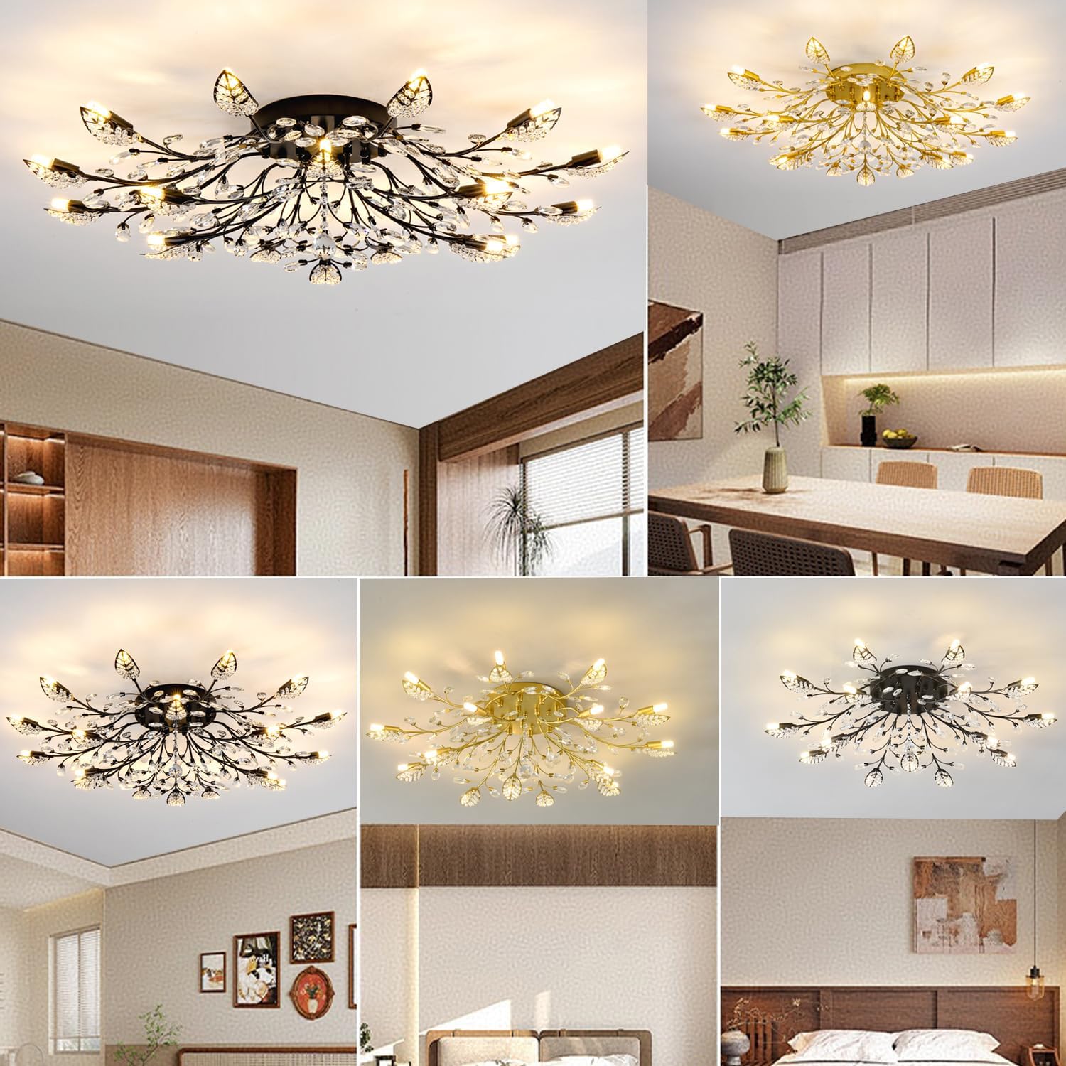 Crystal Ceiling Light Fixture Gold Leaves Semi Flush Mount Ceiling Lights,Kitchen Lighting Fixtures Ceiling for Bedroom Living Room Dining Room Hallway