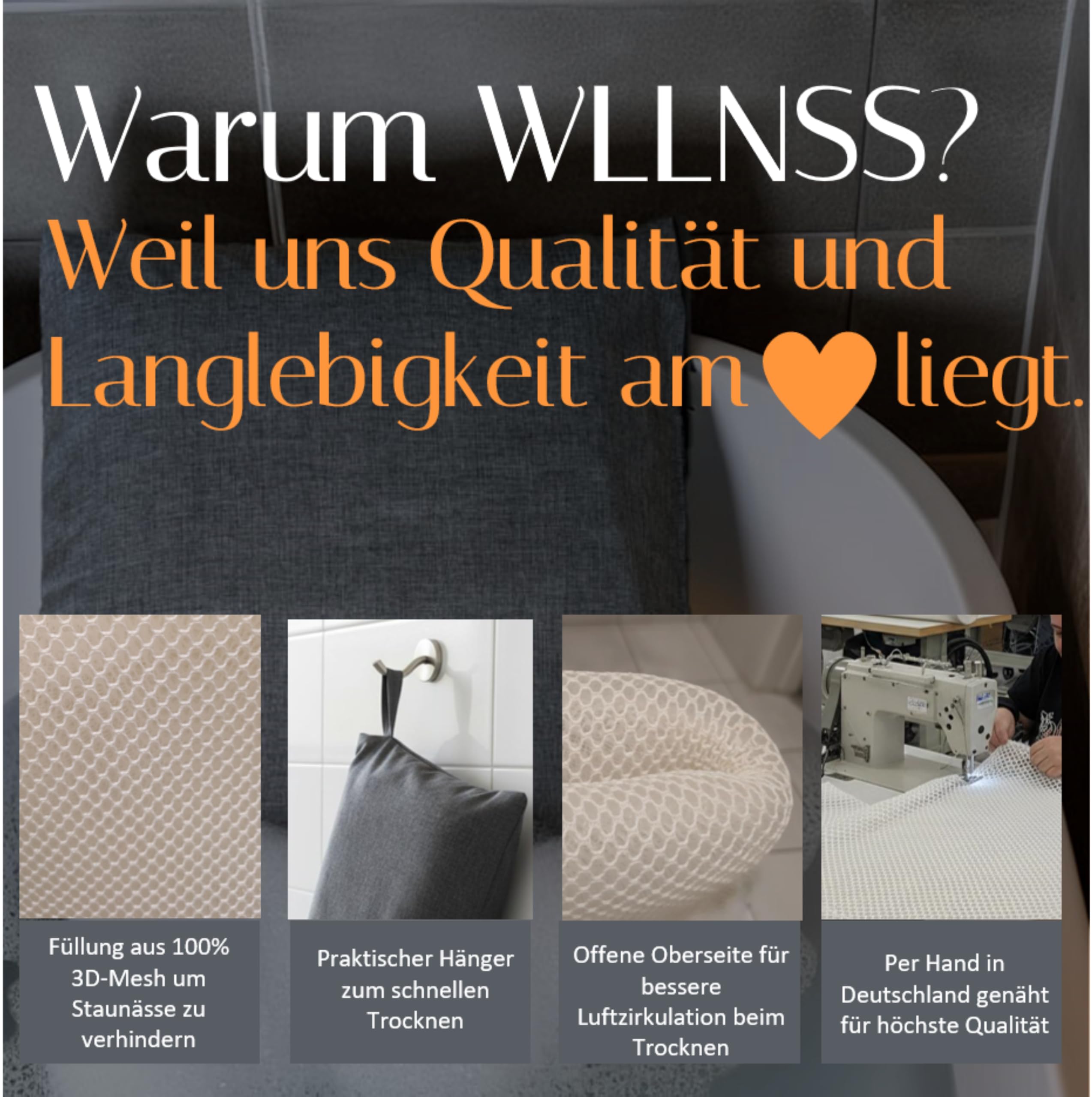 Badewannen Kissen Made in EU - grau 60 x 40 cm - schnell trocknendes Premium Badewannenkissen mit ergonomischer Kopfstütze Wanne für Kopf Nacken Rücken Ganzkörper