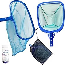 Professional Pool Cleaning Kit with Deep & Semi-Deep Skimmer Nets, 3-in-1 Water Test Strips (50 Count), and Mesh Storage Bag - Heavy Duty Nylon Pool Leaf Rake for Efficient Pool Maintenance