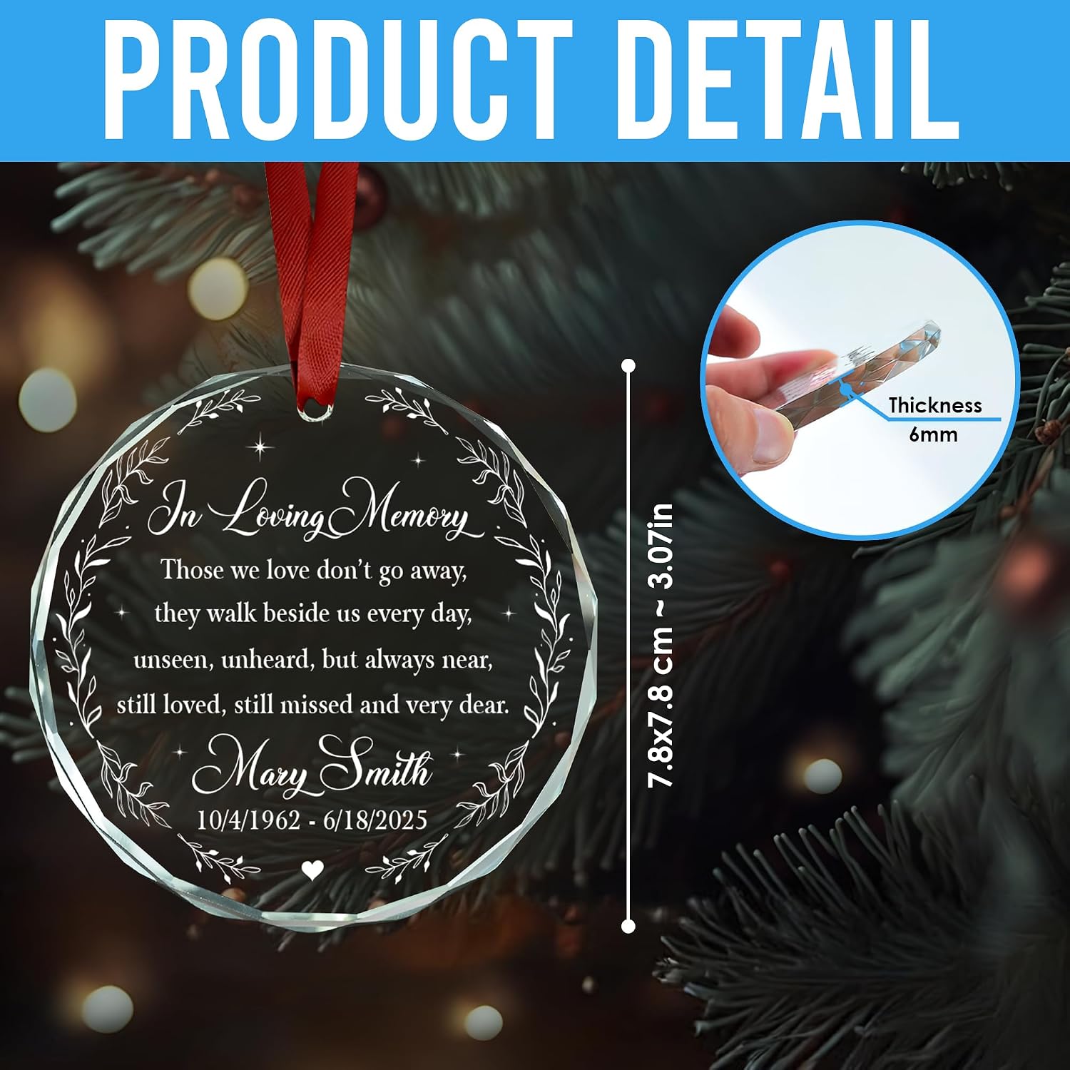 HYTURTLE Personalized Mom Memorial Christmas Ornament Gifts Loss of Loved One - Mom in Heaven Custom Name Crystal Ornament 3'' - Sympathy Remembrance Gifts, Memorial Ornament Christmas Decoration