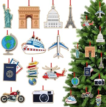 SICOHOME Travel Ornament Set 2025-12 PCS Wooden Ornaments for Christmas Tree Airplane Camera Ticket Vacation World Signs Travel-Themed Xmas Decoration Gift for Travelers Women Adventurers