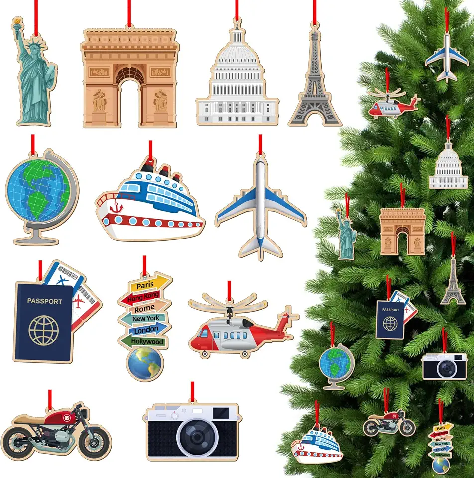 SICOHOME Conjunto de enfeites de viagem, 2026-12 peças, enfeites de madeira para árvore de Natal, avião, câmera, bilhete de férias, sinais, tema de viagem, decoração de Natal, presente para viajantes