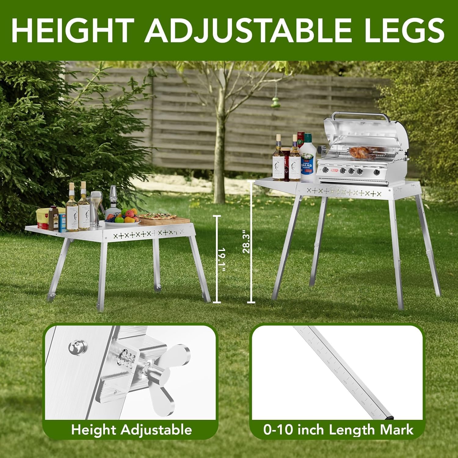 304 Stainless Steel BBQ Grill Table fits 20'' Tabletop Griddle, Adjustable Folding Grill Table,Outdoor Portable Camping Table for RV Picnic BBQ Beach