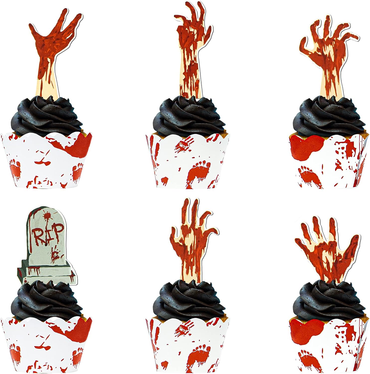 72PCS Halloween Cupcake Toppers Supplies 36 PCS Zombie Hand Tombstone Cupcake Toppers And 36 PCS Horror Red Handprint Cupcake Wrapper For Halloween Party Zombie Theme Party