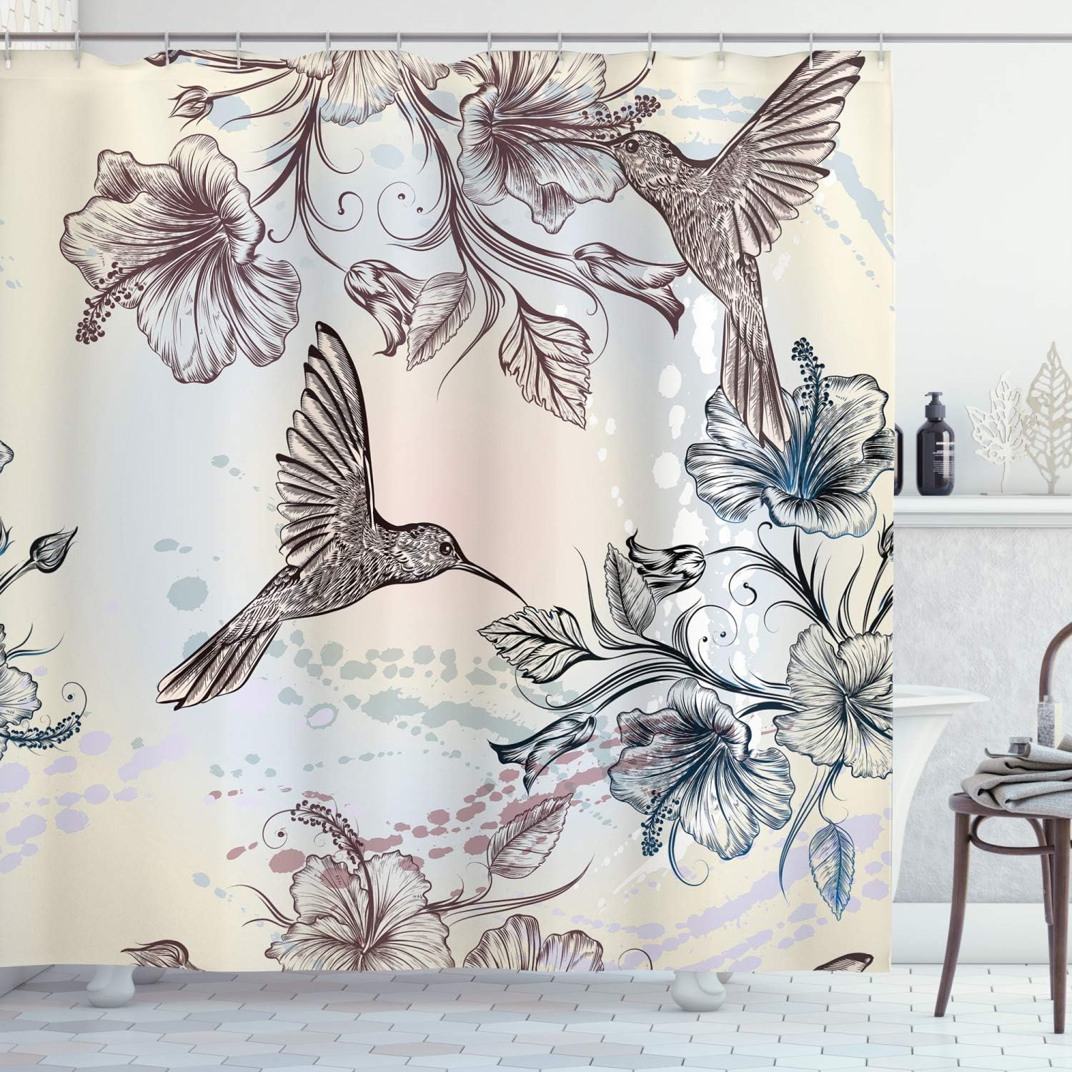Ambesonne Hummingbird Shower Curtain, Birds and Hibiscus Flowers Nostalgia Antique Design Classical Print, Cloth Fabric Bathroom Decor Set with Hooks, 69" W x 75" L, Teal Brown