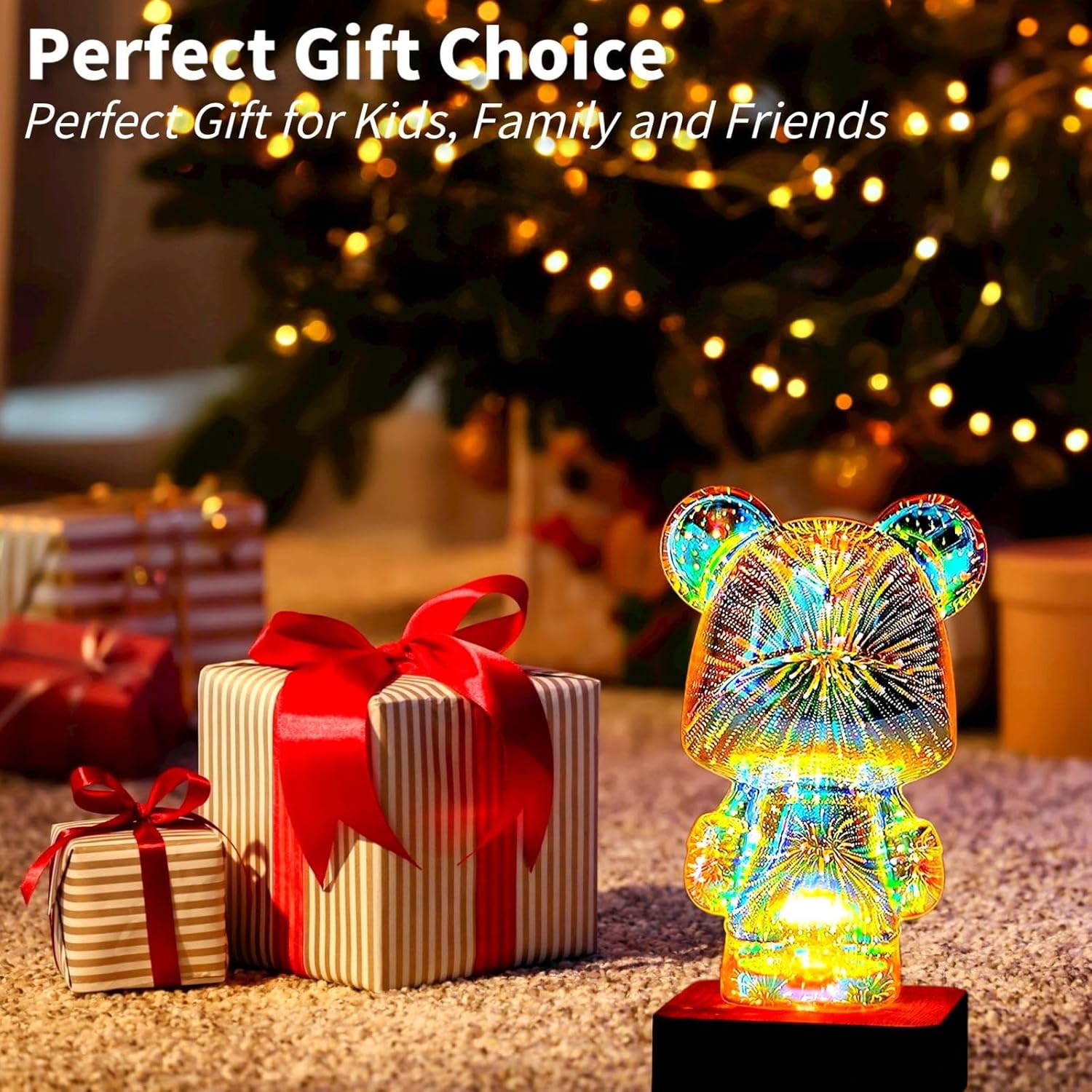 Twinkle Bear Lamp, 3D Firework Bear Light Decorative Nightstand Table Lamp Color Changing Cute Room Decor LED Bedroom Lamp for Kids Room, Home, Office, Nursery (Large Head)