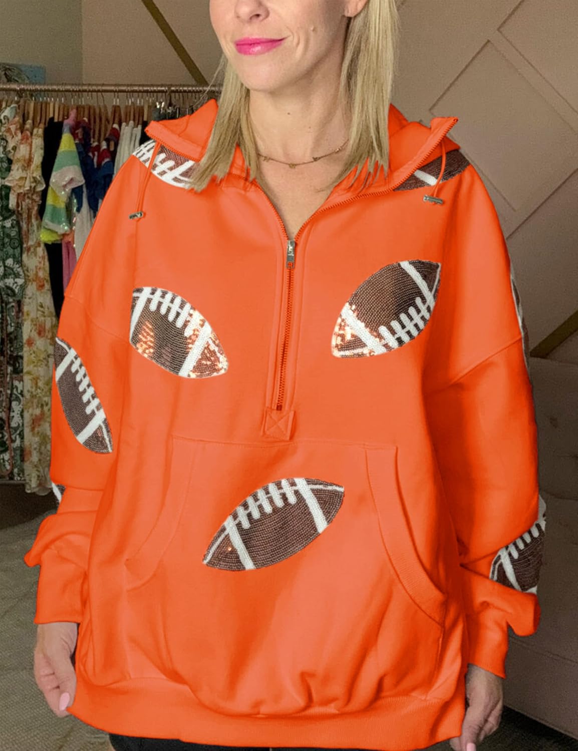 SeekMe Womens Game Day Sweatshirts Football Sequin Hoodies Tailgate Outfits Long Sleeve Zipper Sweaters with Pocket - Image 4