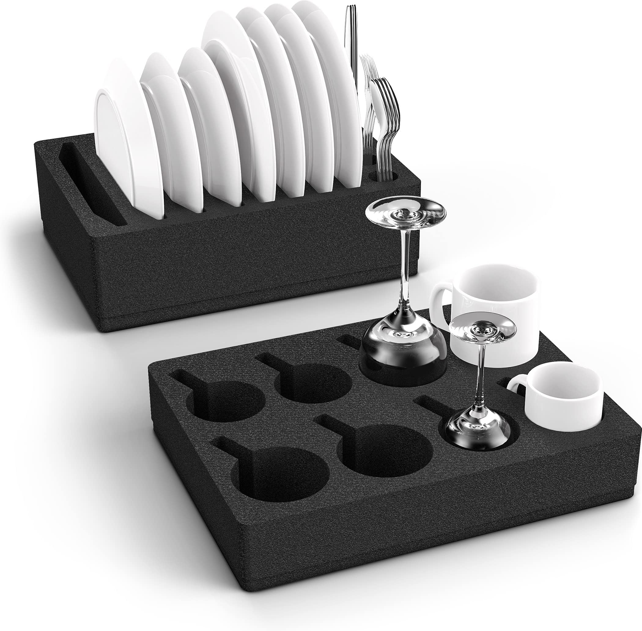 Siegvoll Polyurethane Motorhome Plate Holder Cup Holder Set (Without Tableware) Dish Holder for Motorhomes Caravans Boats Cutlery Holder for 8 Plates + 8 Cups (Compatible with More Sizes), Black