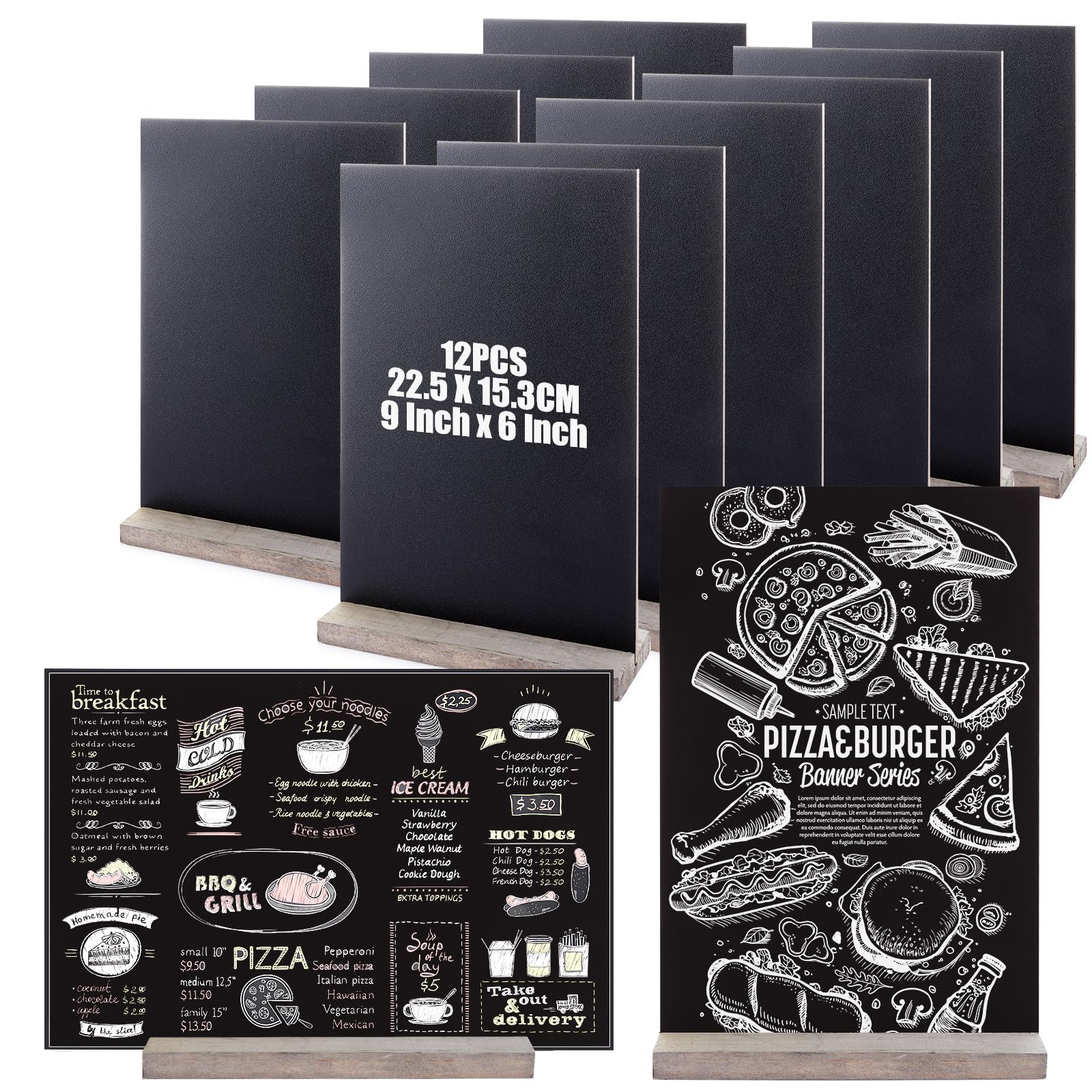 WOPPLXY 12 PCS Mini Chalkboard Signs, 22x15CM Double Sided Small Chalk Boards with Wooden Stands, Tabletop Black Message Boards with Erase for Pricetags, Weddings, Party