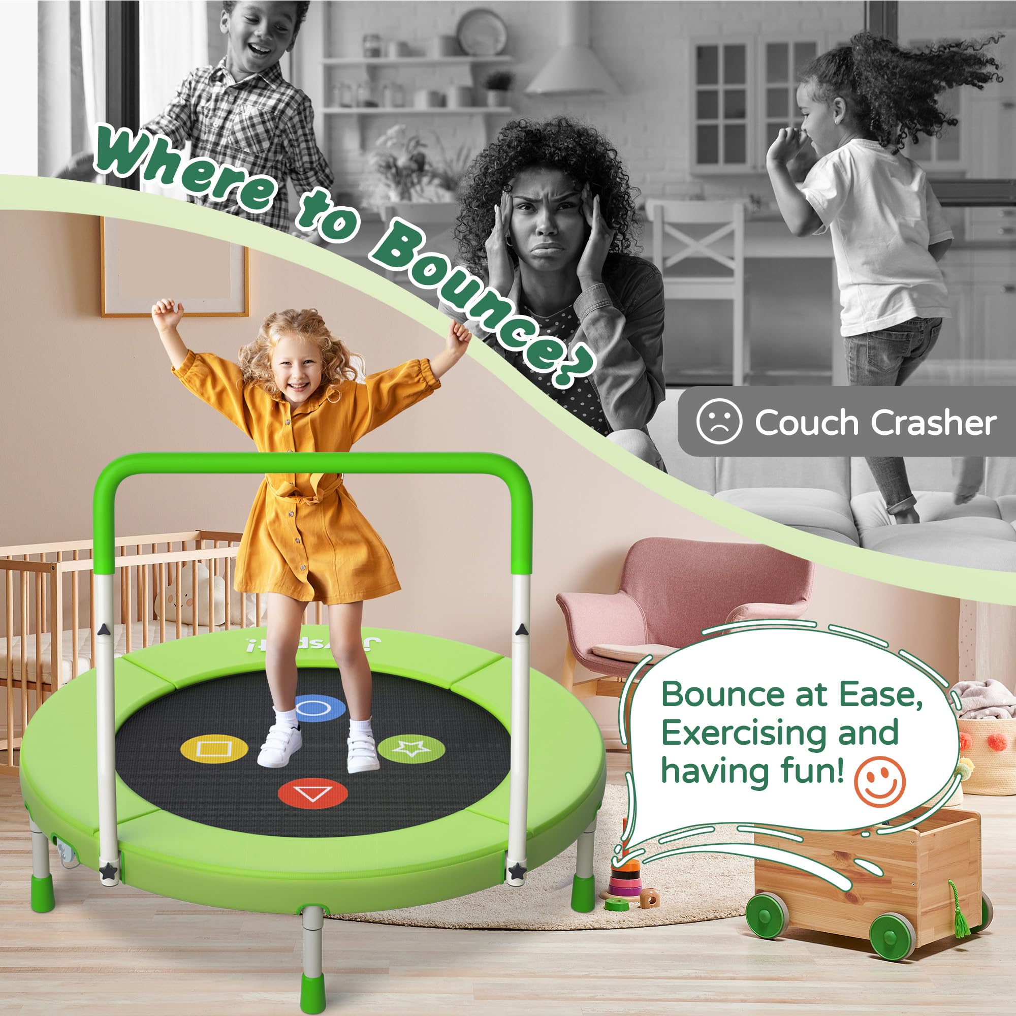 JOY SPOT! Trampolin Kinder Indoor Outdoor, Ø91cm Mini Trampolin mit Verstellbarer Haltegriff, Faltbares Kindertrampolin bis 45 kg, Fitness Rebounder mit Sicherheitspolster für Kleinkind 3-12