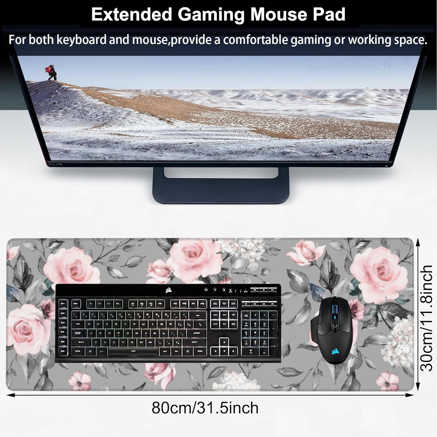 Pink Roses Desk Mat,Large Spring Blooming Flowers and Leaves Gaming Keyboard Mouse Pad,Non-Slip Rubber Base Desk Pad Thick Stitched Edges Waterproof Mousepad Mouse Mat 31.5"x11.8" - Image 2