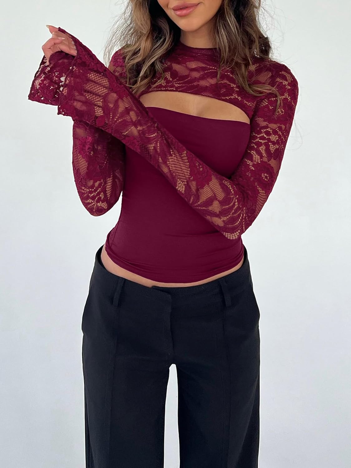 Women's Lace Long Sleeve Going Out Tops Sexy Y2K Crew Neck Cutout Double Lined Slim Night Out Shirts - Image 4