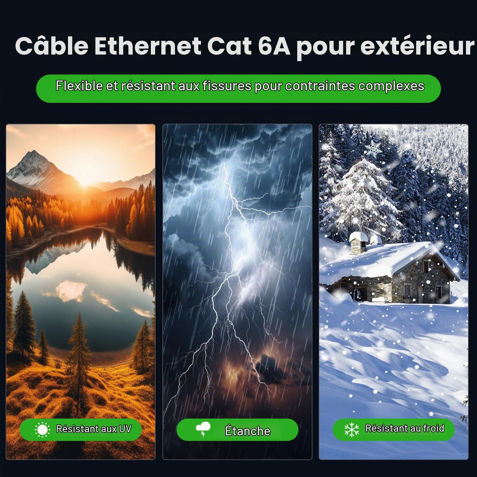 Cable Ethernet Extérieur Cat 6A 100m 23 AWG LLDPE 10 Gbps 550MHz, Résistant UV/Intempéries, Enfouissement Direct, Câble RJ45 Réseau Internet Gigabit Haute Vitesse UTP CCA, 80 Attaches Noires