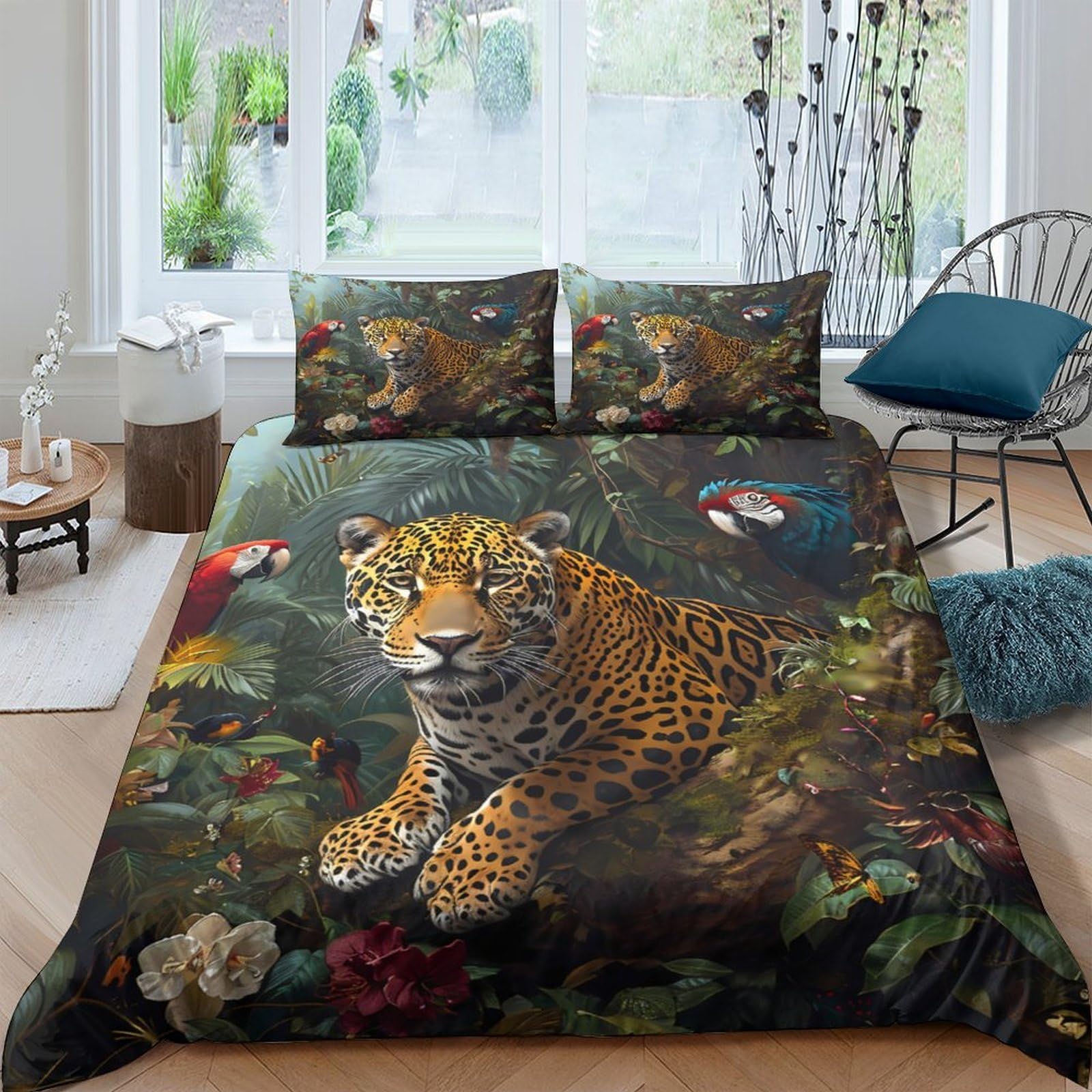 Ctjqhvkz Style-8 3D Printed Jungle Leopard Fitted Sheet Microfiber Soft Parrot Forest Mattress Cover For Bedroom Home Decor Single（135X200cm）
