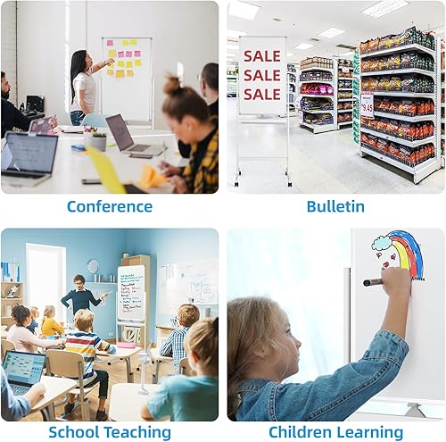 Miniatura 7 de Pizarra blanca móvil, pizarra magnética de borrado en seco de 40 x 24 pulgadas con soporte, pizarra blanca rodante de doble cara con marco de