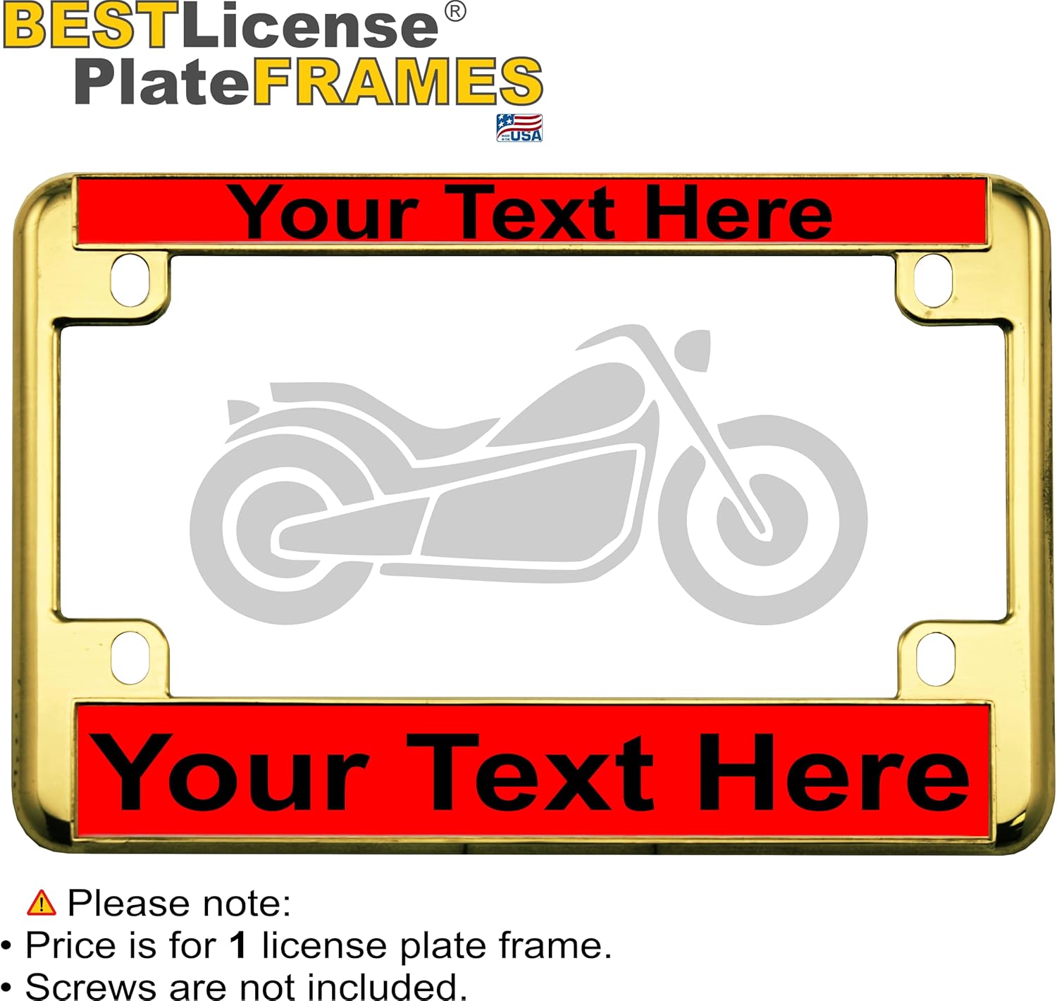 Motorcycle Personalized Metal (Zinc) Laser Engraved Standard Size License Plate Frame with Custom Text Design - Gold Finish - Red/Black Text