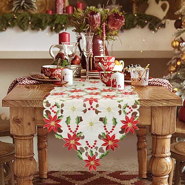 Christmas Table Runner, BENUAN Poinsettias Embroidered Table Runner For Christmas Holiday Celebration Table Decorations