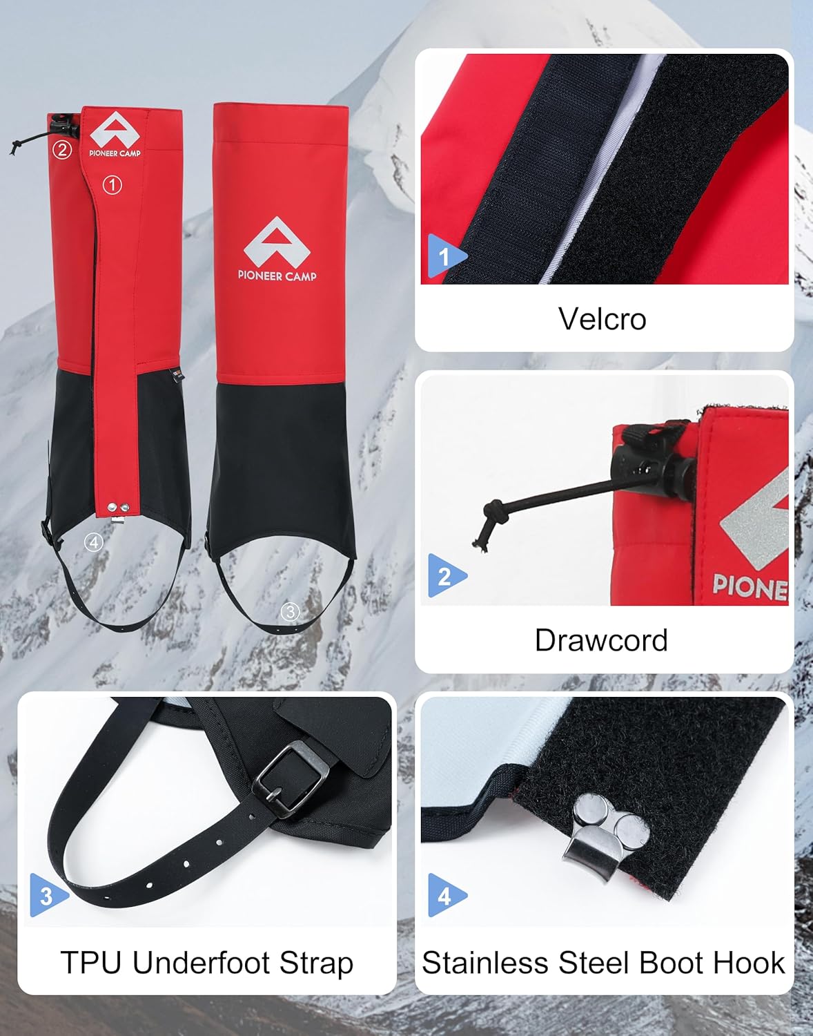 Pioneer Camp Gators for Hiking Boots Waterproof 420D Cordura Leg Gaiters Adjustable Men Women Hunting Fishing Snow Climbing