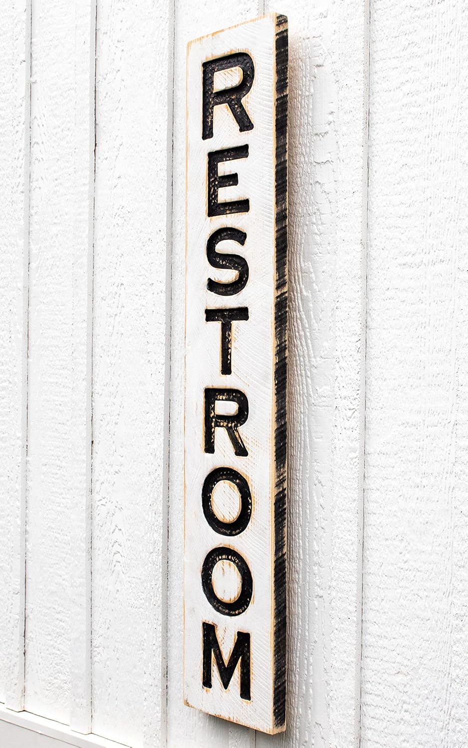 Vertical RESTROOM Sign | 40" tall x 8" wide | Carved in Solid Wood | Rustic Distressed | Farmhouse Style | Business Signage | Handmade in NC