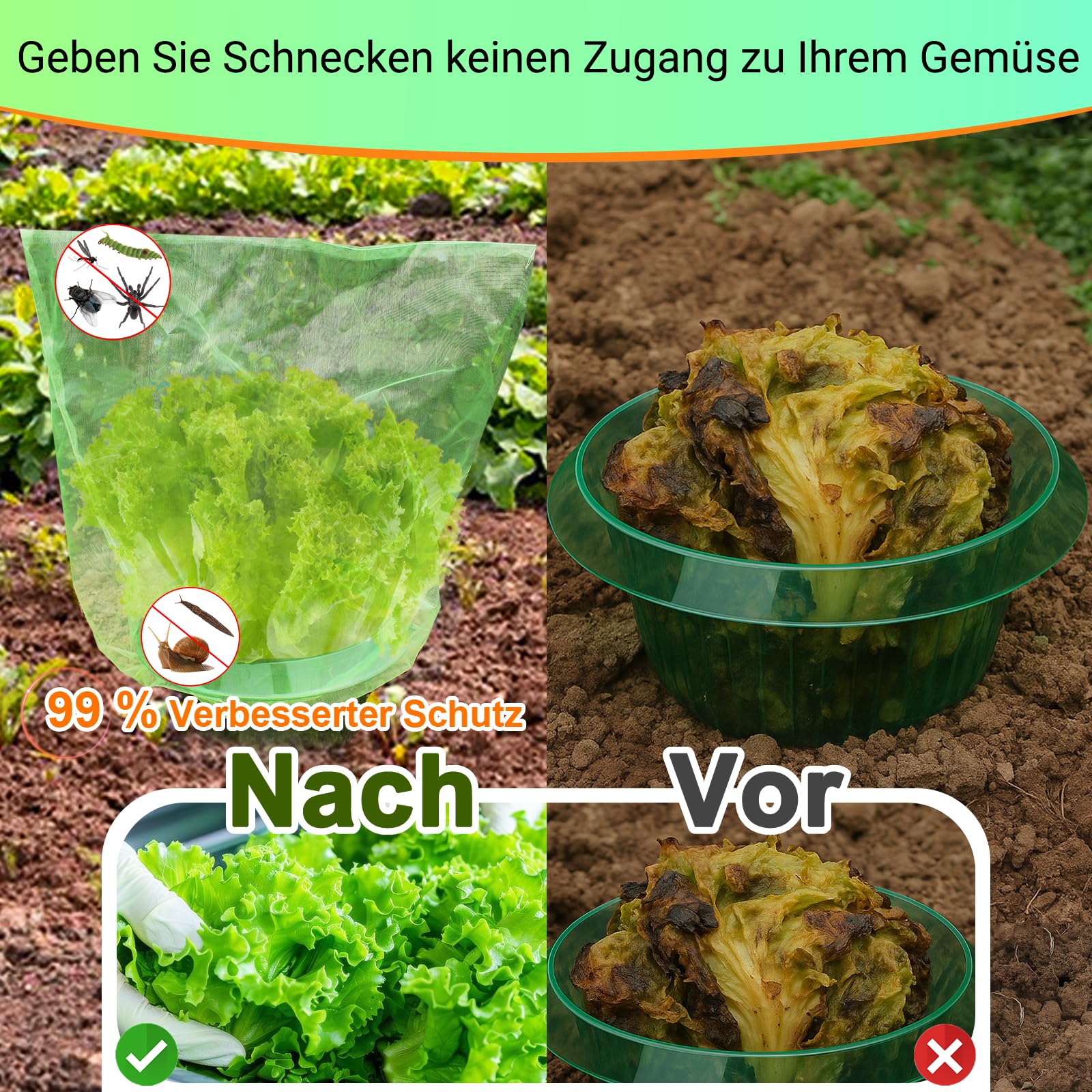 【24 Stück】12 Stück Schneckenkragen mit 12 Stück Insektenschutz-Taschen, 99% mehr Schneckenschutz, Schneckenschutzringe, zur Abwehr von Schnecken, für Ihre Salatpflanzen Tomaten Schützt, Grün