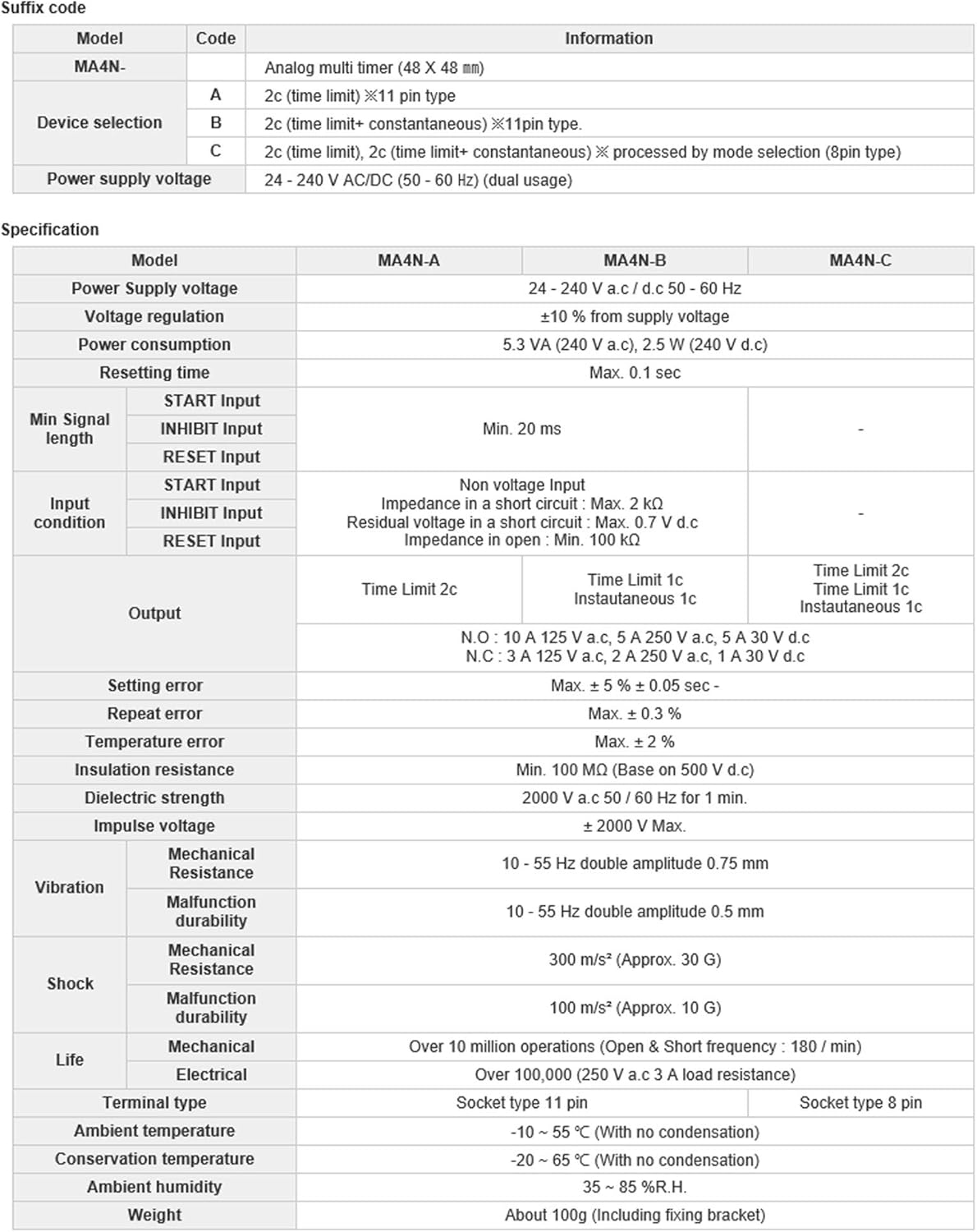 MA4N-C Analog multi timer 24-240V AC/DC 8pin Socket type