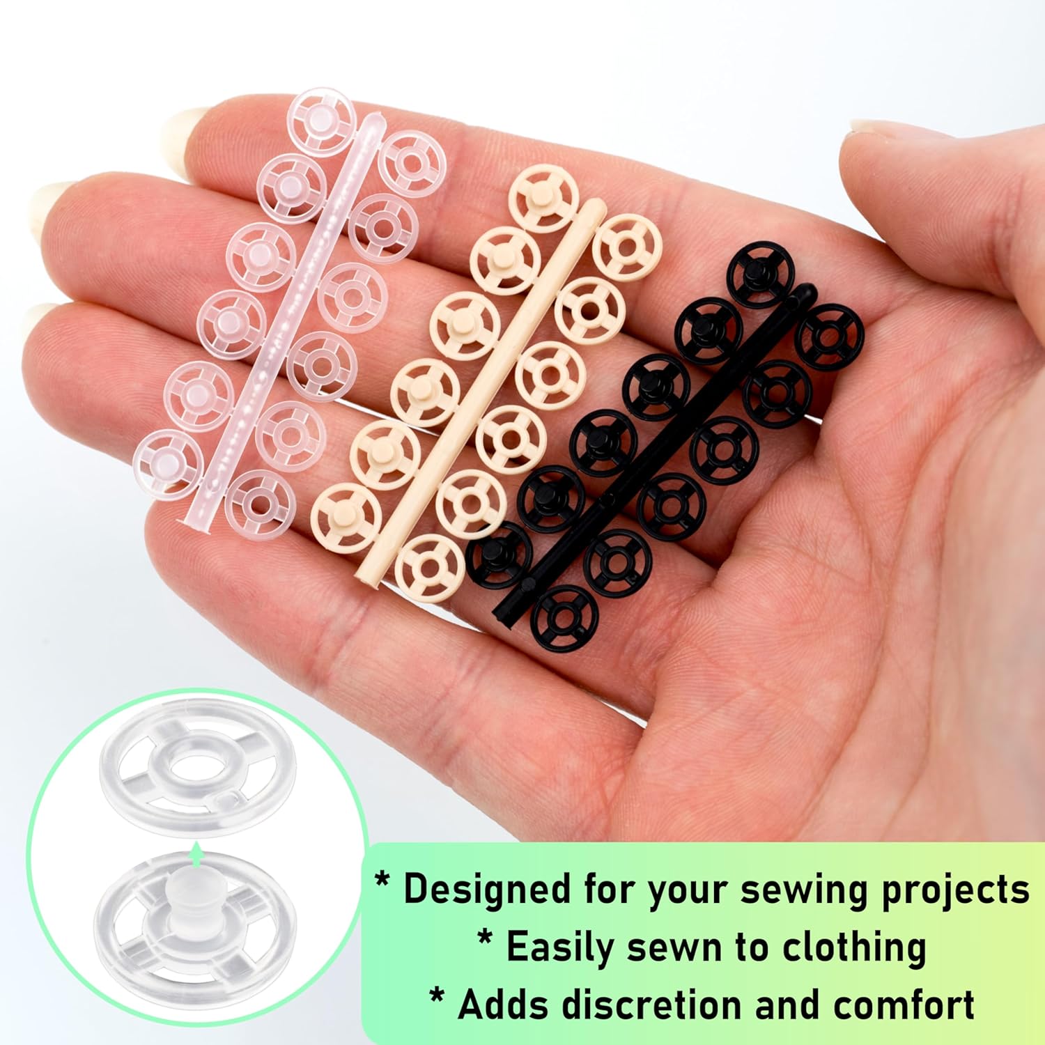 AERZETIX Set of 24 Sew-On Press Studs, Diameter 7 mm, 2 Pieces - Plastic - Colour: Transparent - Crafts, Sewing Project, DIY Creation