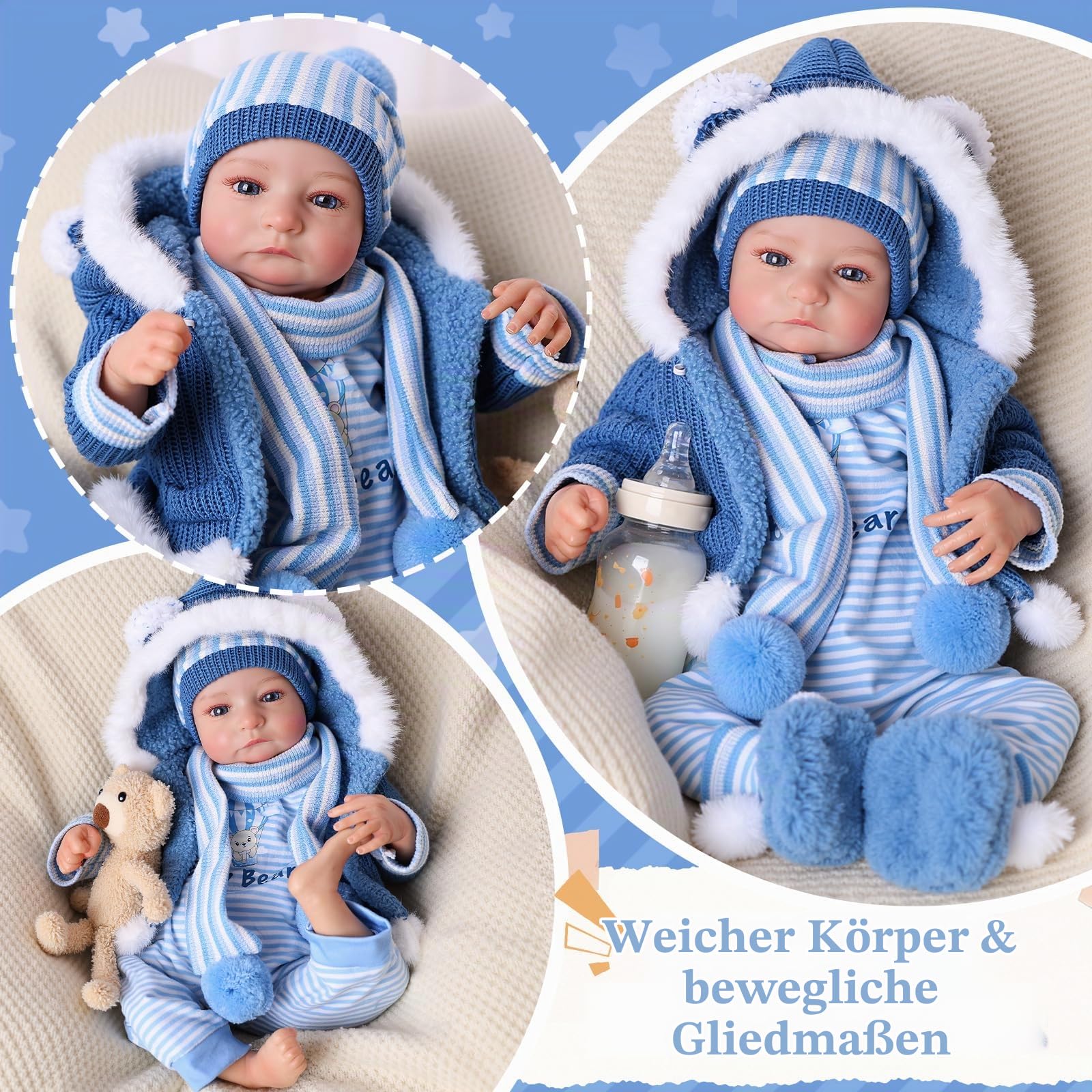 BABESIDE Lebensechte Reborn-Babypuppe Junge 43 cm (17 Zoll) Realistisches Babygefühl Weicher Vinylkörper Lebensechte Babypuppe mit Spielzeug und Geschenkbox