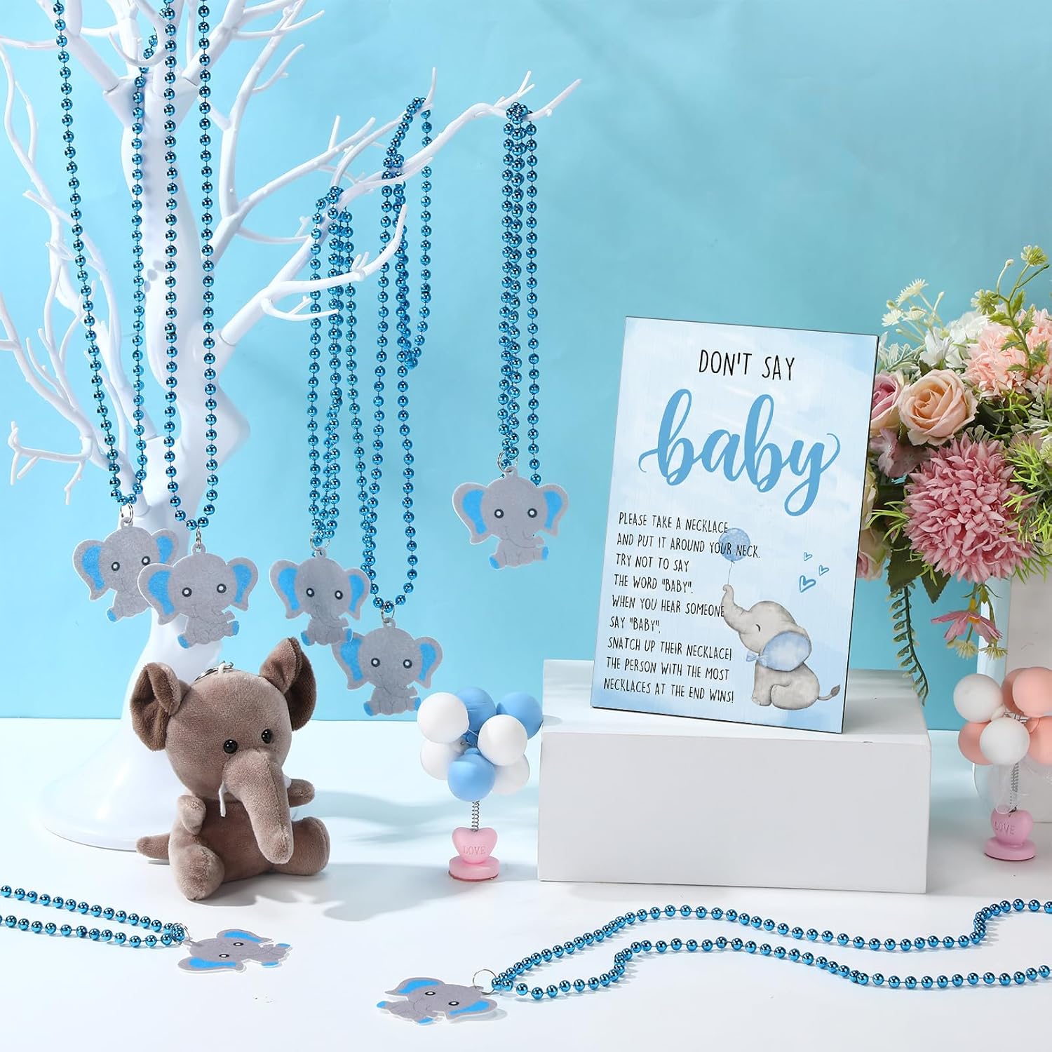 Wonderjune Don’t Say Baby Shower Game, Wooden Sign & 50 Elephant Necklaces, Baby Shower Games for Guests, Gender Reveal Party Supplies