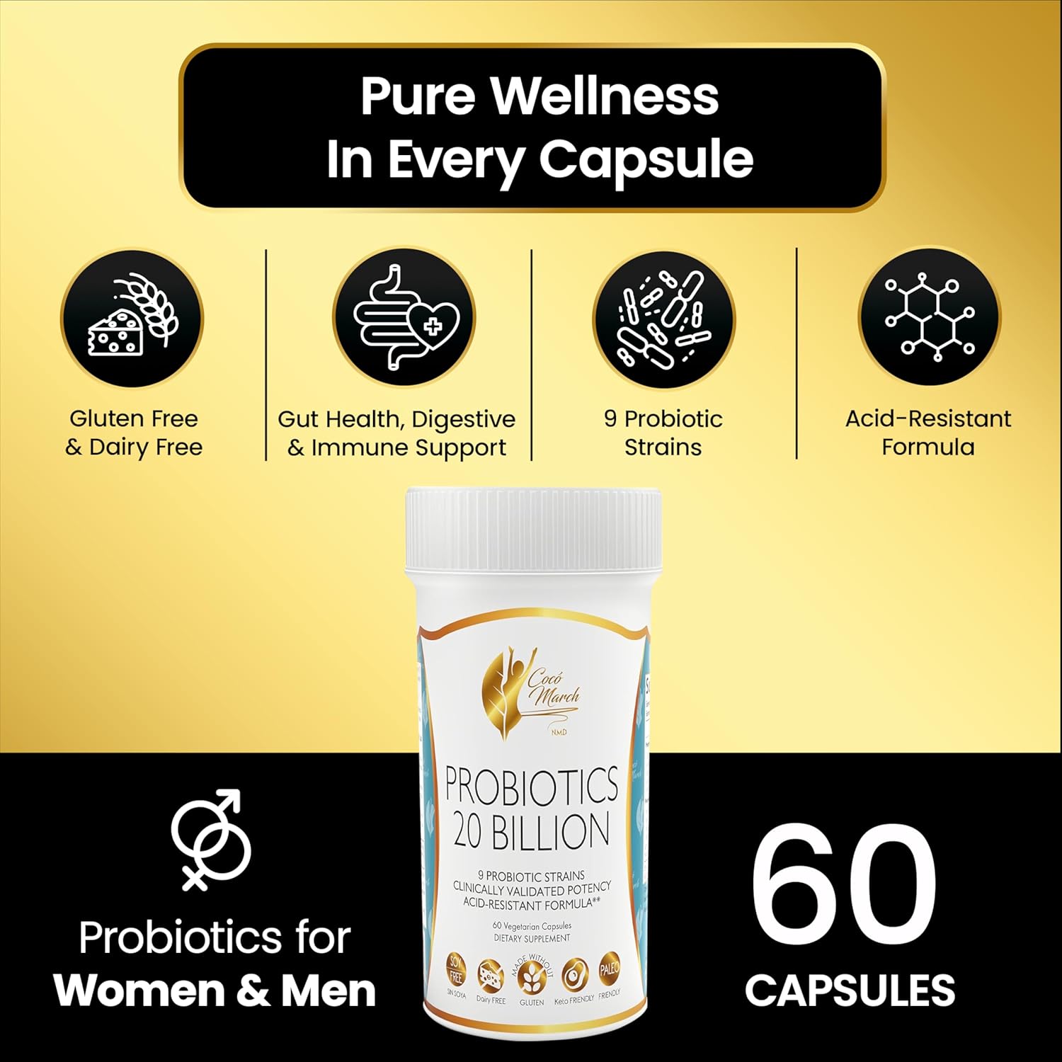 Cocó March N.M.D. Probiotics 20 Billion CFU – Probiotics for Women & Men - Gut Health, Digestive & Immune Support – 9 Probiotic Strains, Acid-Resistant Formula - Gluten Free & Dairy Free, 60 Capsules