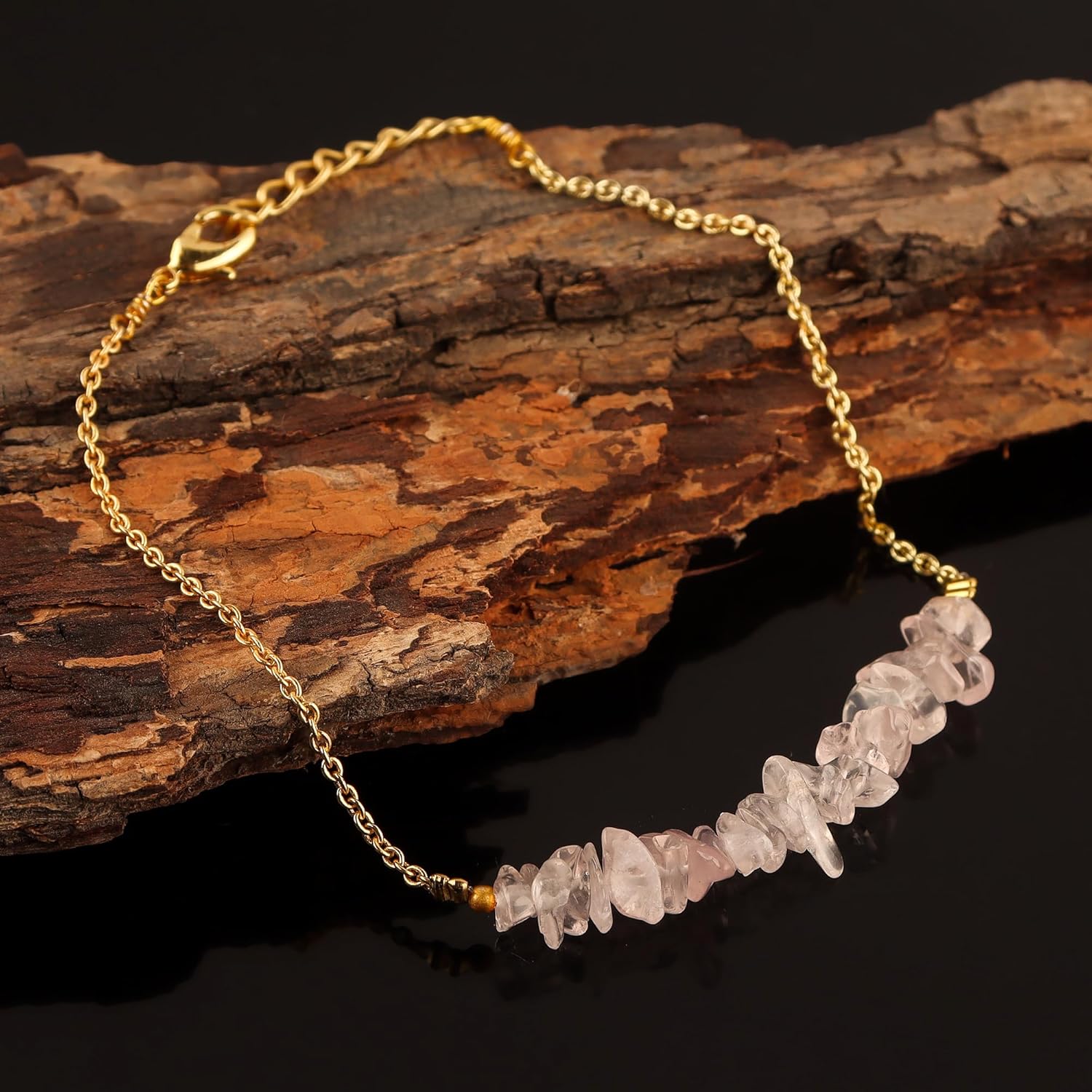 Natural Rose Quartz Gemstone Chips Beads Bar Bracelet for Women, Crystal Gems Healing Bracelets, Chakra Stone Bead Bracelets, Yoga Stone Beads Bracelets Meditation Chips bead size is 3-4 mm - Image 3