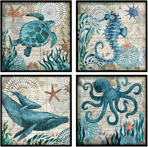 YOOOAHU - 4 piezas de impresión sobre lienzo con motivos de acuarela de océano, para el hogar y la decoración de paredes tema de tortuga marinas,