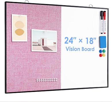 ARCOBIS Cork Board White Board Combo, 24"X18" Linen Bulletin Board Whiteboard for Wall, Double-Sided Magnetic Dry Erase Corkboard for Home, Office, School, Light Pink