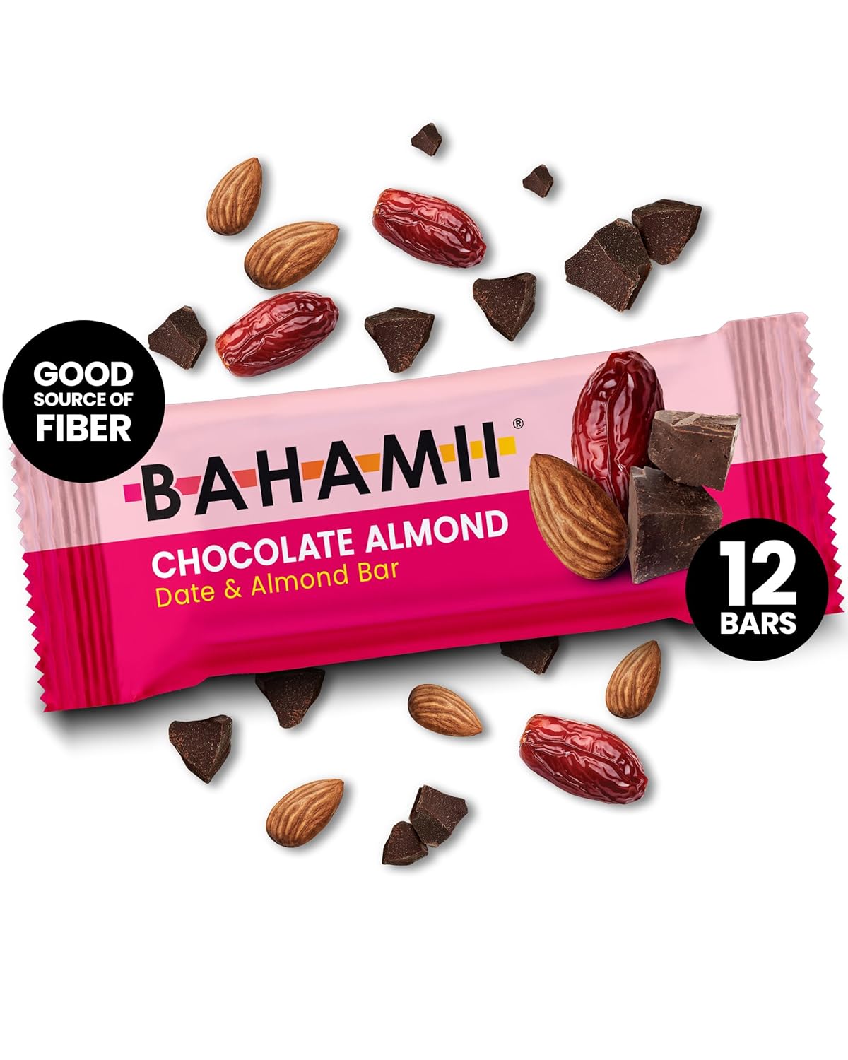 Bahamii Chocolate Almond Date and Energy Bars, Healthy Snacks and Breakfast Bars for Kids and Adults, No Sugar Added, Gluten Free, High Fiber, Vegan, Plant Based, Paleo, Only 6 Ingredients, 12 Pack