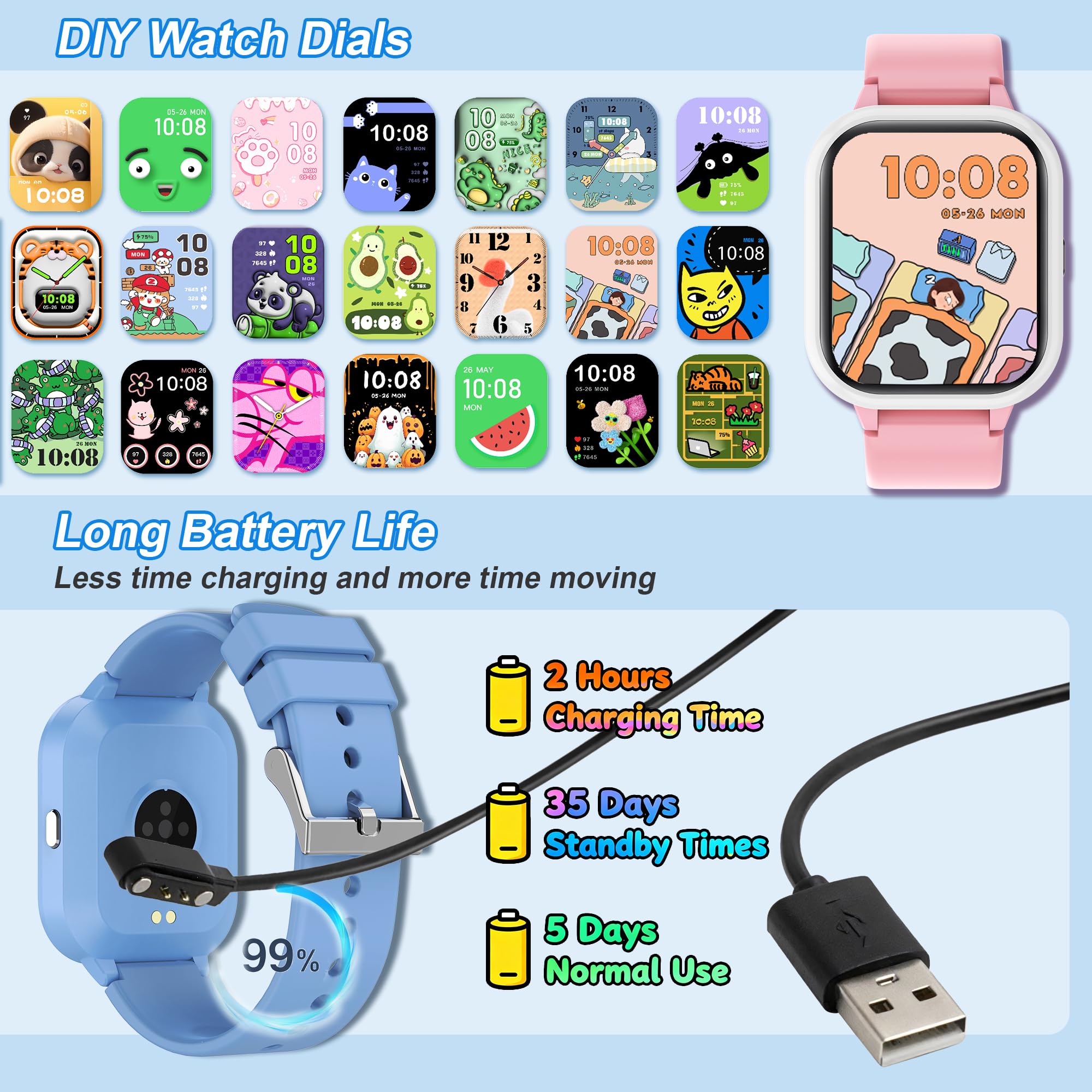 Smart Watch per bambini per ragazzi e ragazze, orologio per ragazze IP68 con oltre 20 modalità sportive, tracker fitness per bambini da 1,8 pollici con cardiofrequenzimetro del sonno, 14 giochi, passo