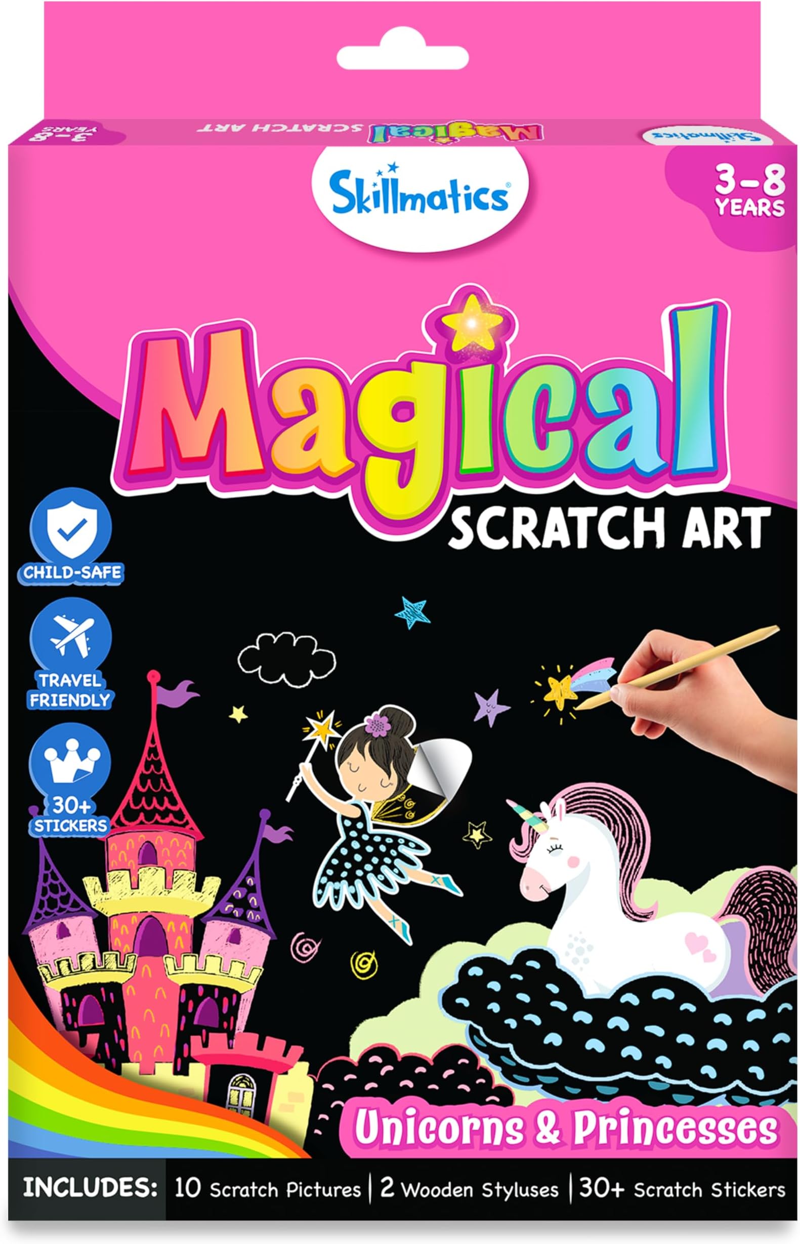 Skillmatics Scratch Art Book for Kids - Unicorns & Princesses, Craft Kits & Supplies, 30+ Scratch Stickers, Travel Toys, DIY Kit, Gifts for Girls & Boys Ages 3, 4, 5, 6, 7, 8, Multicolor