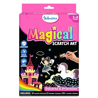 Skillmatics Scratch Art Book for Kids - Unicorns & Princesses, Craft Kits & Supplies, 30+ Scratch Stickers, Travel Toys,