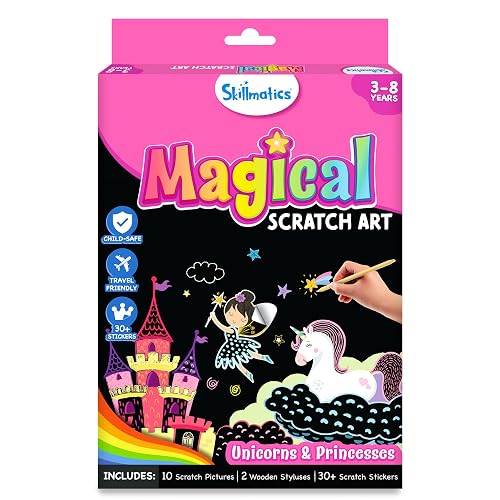 Skillmatics Scratch Art Book for Kids - Unicorns & Princesses, Craft Kits & Supplies, 30+ Scratch Stickers, Travel Toys, DIY Kit, Gifts for Girls & Boys Ages 3, 4, 5, 6, 7, 8, Multicolor