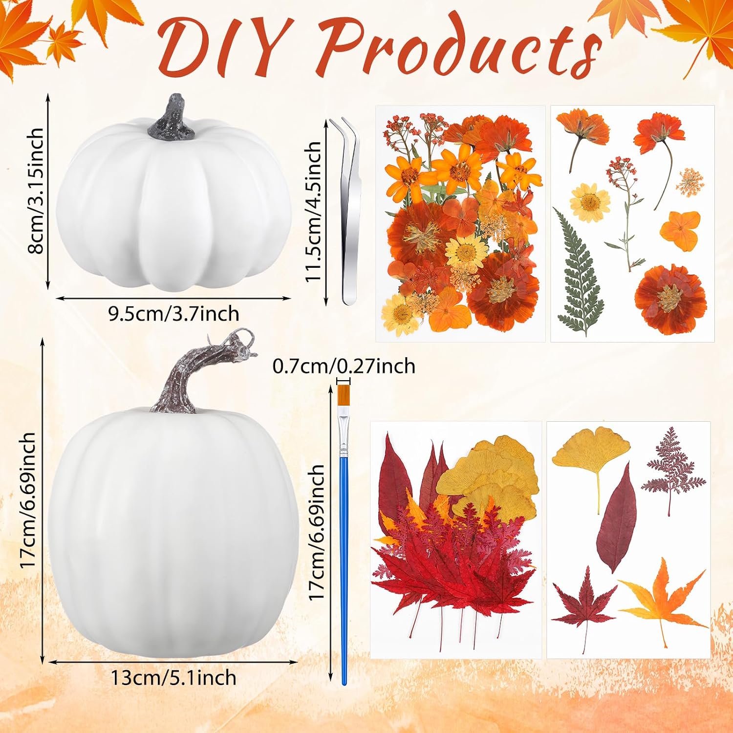 Suncalla 54 Pcs DIY Fall Pumpkins Craft Sets Includes 2 White Artificial Pumpkins 50 Pcs Dried Pressed Flowers Leaves 1 Tweezers and 1 Scissors for Autumn Fall Thanksgiving Holiday Decoration