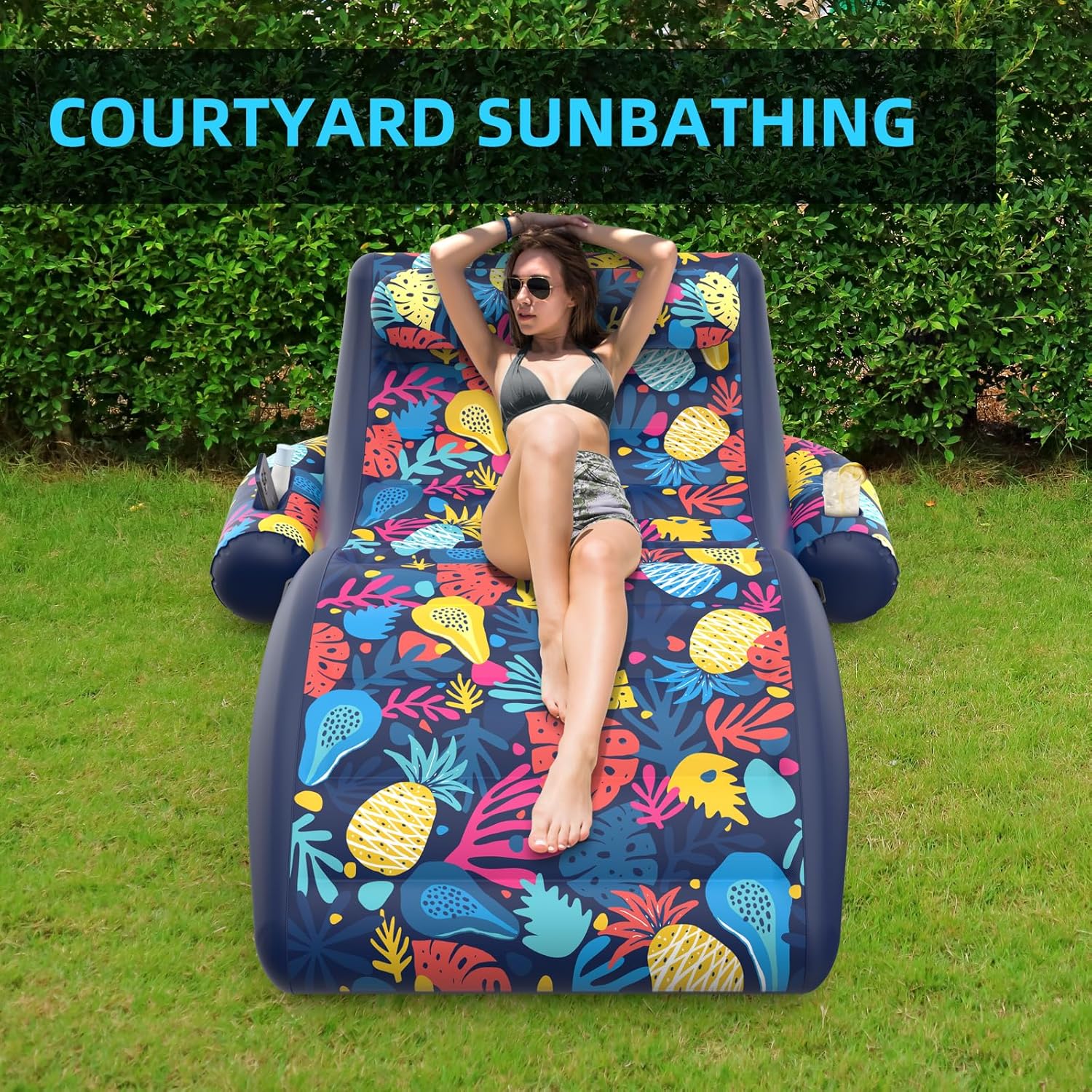 2-in-1 Pool Floats, Inflatable Pool Floats Adult Lounge Chair with Cup Holder Tanning Pool Float, Heavy Duty Water Float Raft for Pool Float