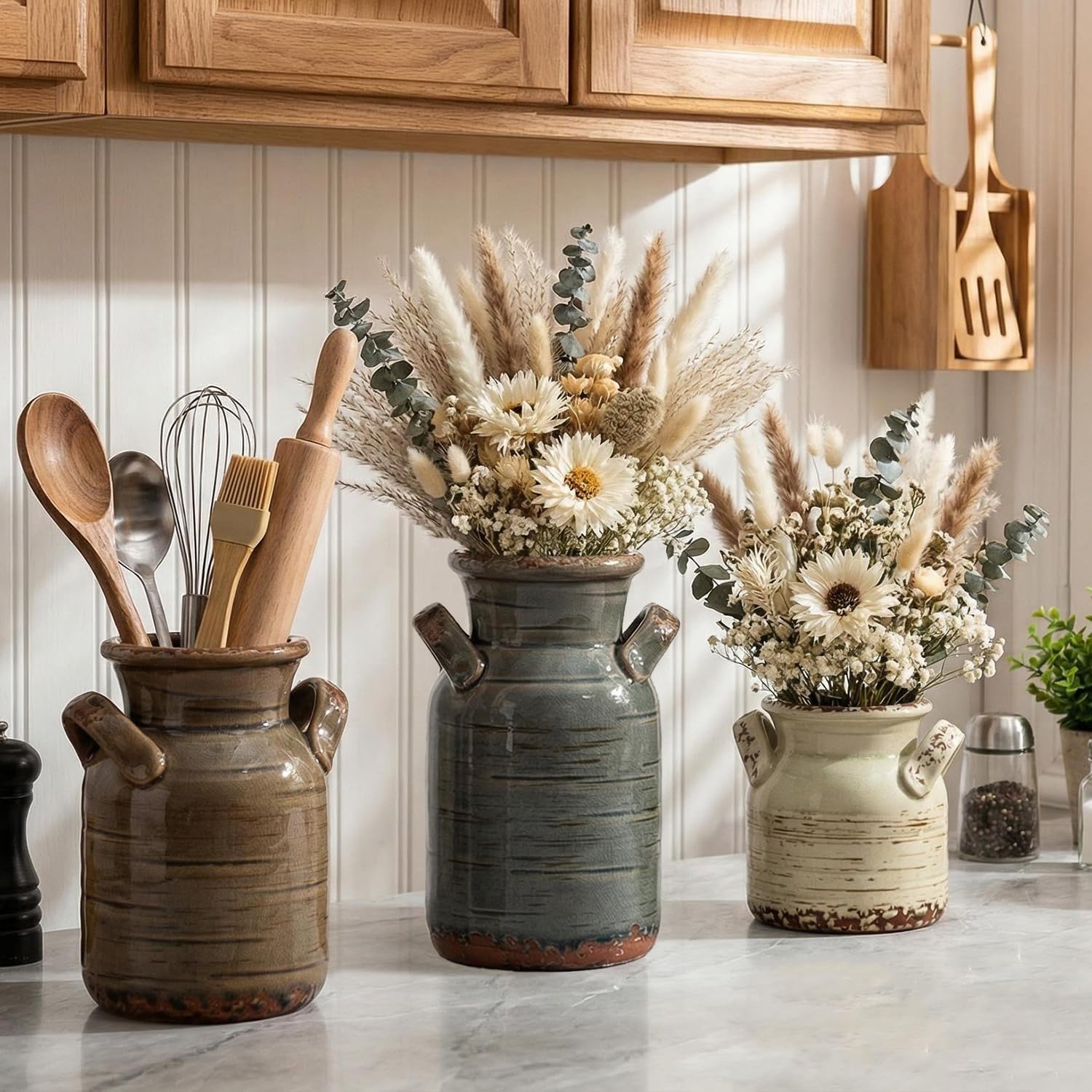 Vintage Ceramic Flower Vase with Handles Set of 3 for Centerpiece,Rustic Farmhouse Decorative Vase for Table Bookshelf Entryway Dresser Console Bathroom Home Decor (Dark Blue & Beige)