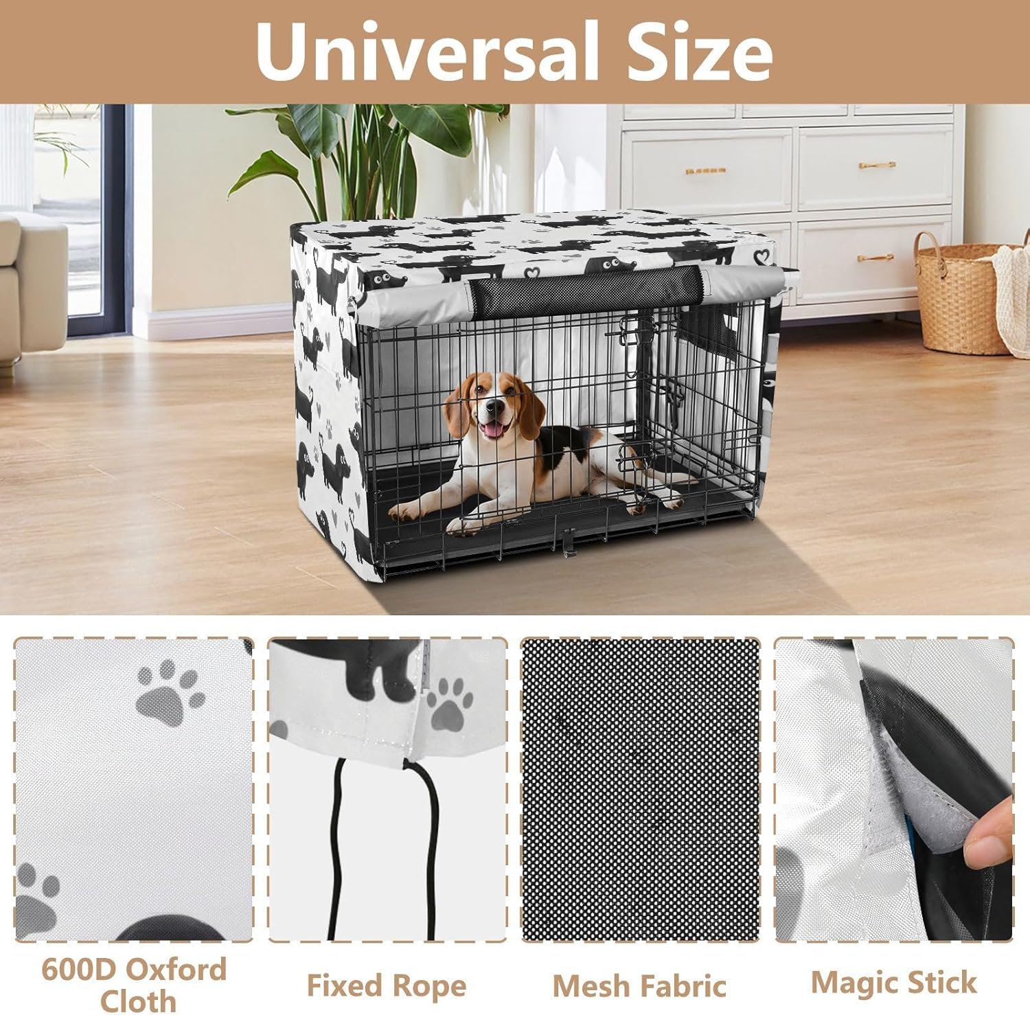 Duty 600D Silver Coated Dog Crate Cover, Water-Resistant Dachshund Pet Kennel Canopy with Mesh Windows for Optimal Ventilation, Universal Fit for Standard Wire Cage, Indoor & Travel