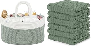 Comfy Cubs Rope Diaper Caddy Organizer and Muslin Baby Washcloths 6 Pack Bundled