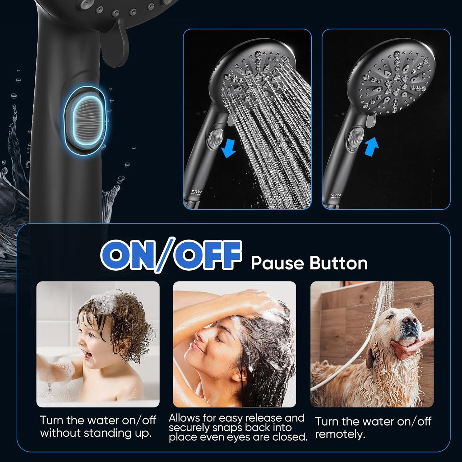 High Prure Shower Head with Built-in Pause Button, 9-Funct