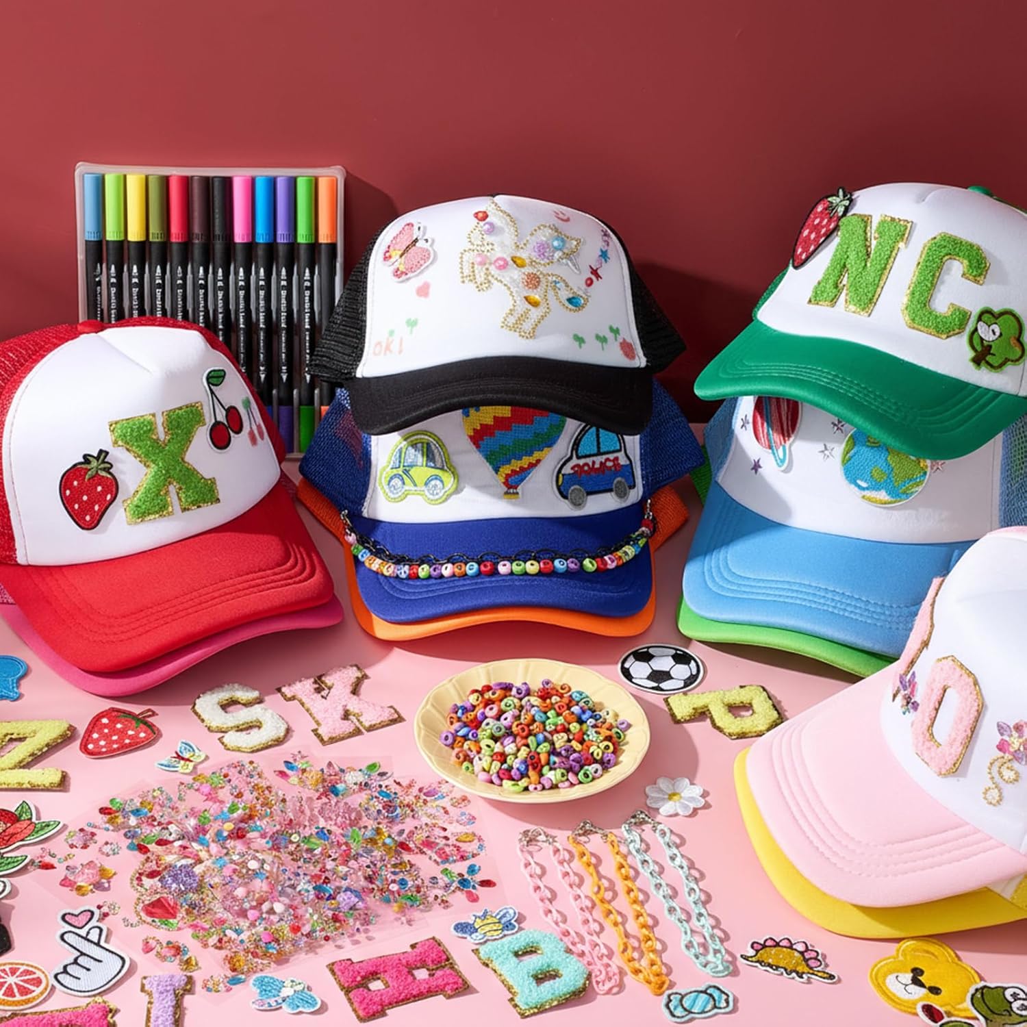 112 Pcs DIY Trucker Hat Decorating Kit, 10 Blank Baseball Caps with Stickers Patches Chains Chenille Letters Beads Pens(Classic) - Image 6