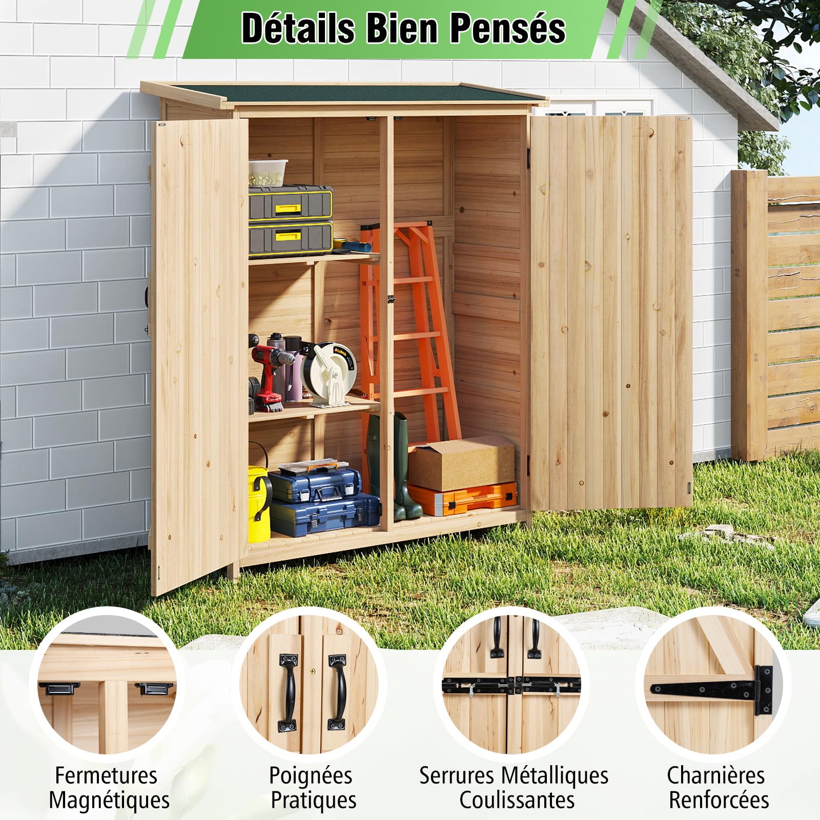 RELAX4LIFE - Caseta de jardín de madera, 127 x 47 x 163 cm, cabaña de jardín con techo de asfalto inclinado, estantes desmontables, doble puerta con cerradura para exterior trasero, patio trasero