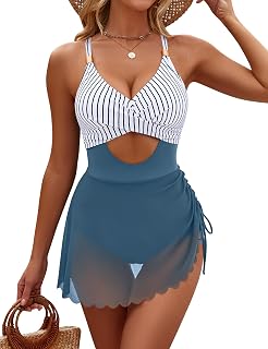 Women One Piece Swim Dress Tummy Control Bathing Suits Gold Metal V Neck Swimsuits Tie Back Mesh Swimwear