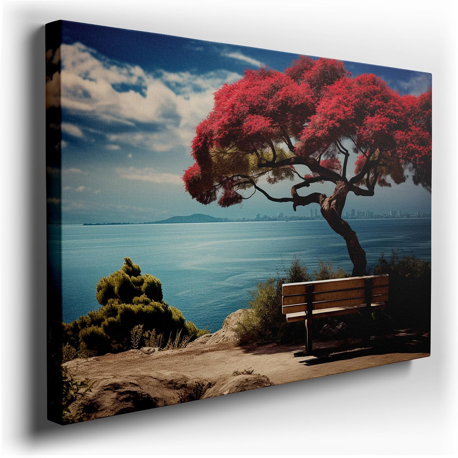 Canvas for Living room. Under the Crimson Canopy: Serenity by the Sapphire Tide, 27 x 18 inch Canvas Wall Art - Modern Home Decor