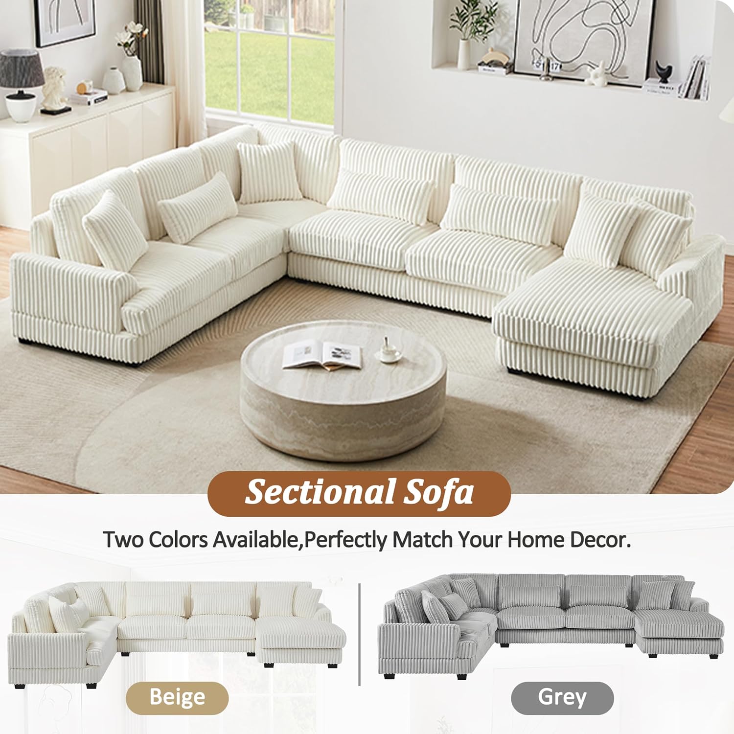 Ball & Cast 129" Oversized Sectional Sofa U-Shaped Sofa Couch with a Chaise Lounge Corduroy Modern Sofas Comfy Couches for Living Room, Beige